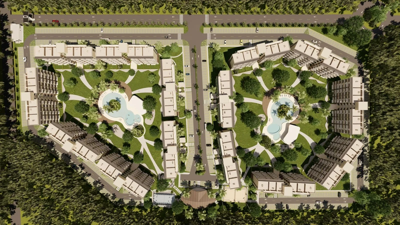 Top-down view of a residential complex with two large buildings on either side, green lawns, trees, pathways, and small water features in the center of each courtyard.