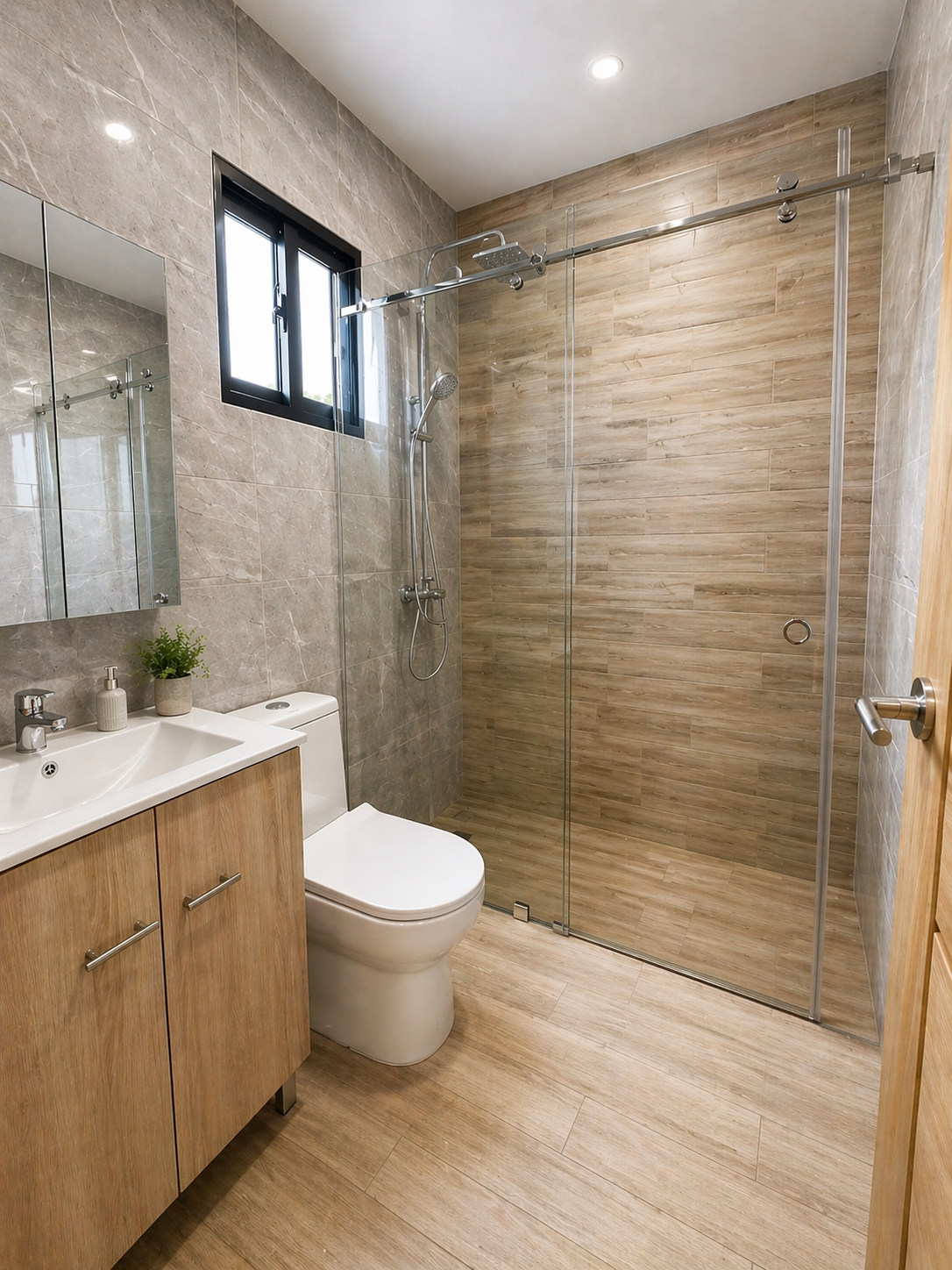 Modern bathroom with wooden cabinets, white toilet, small sink, plant, and a glass-enclosed shower with wood-look tiles, a window, and recessed ceiling lights.
