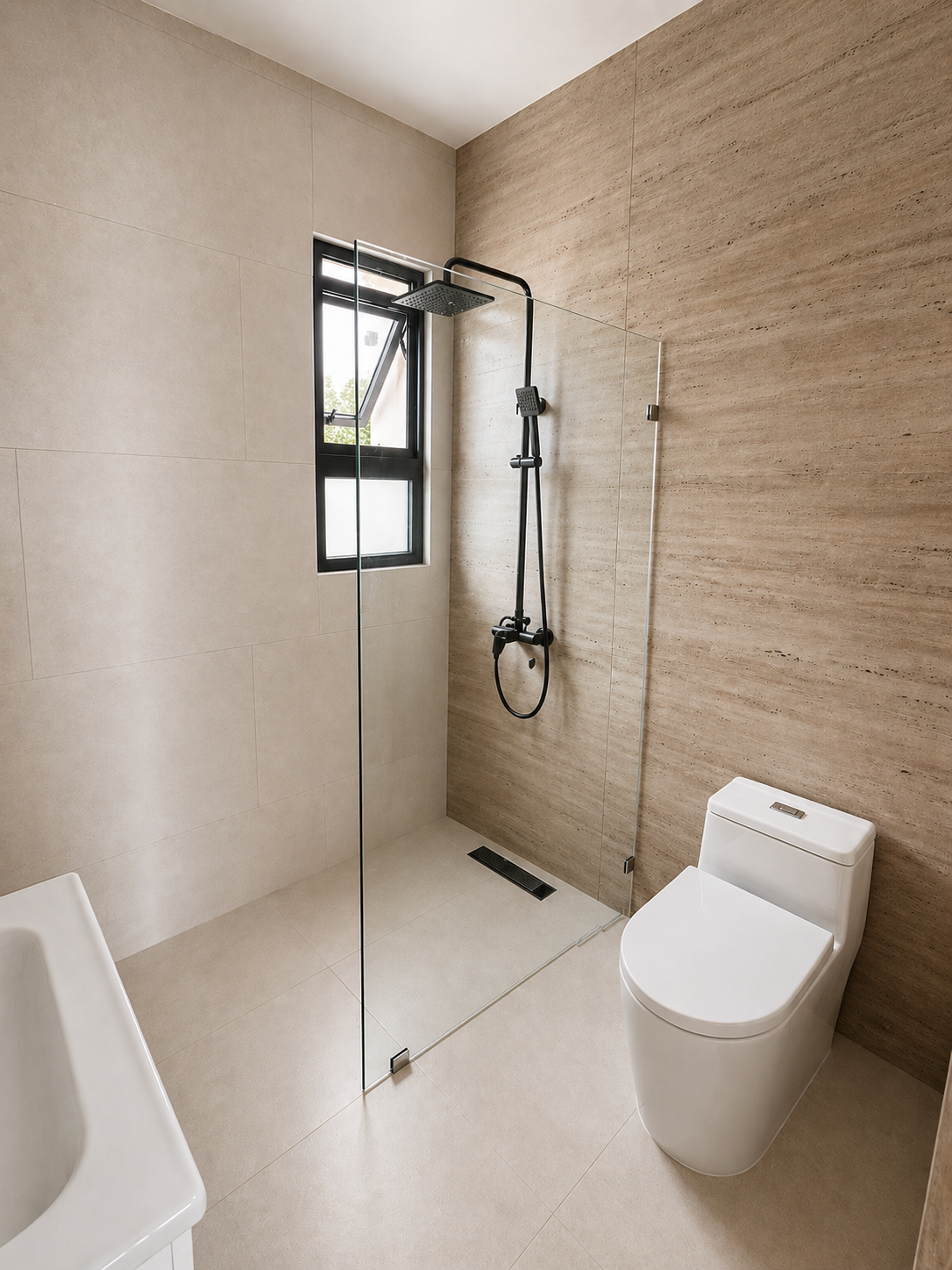 Modern bathroom with a glass shower enclosure, black showerhead and fixtures, a small window, a white tankless toilet, and beige-tiled walls and floor.