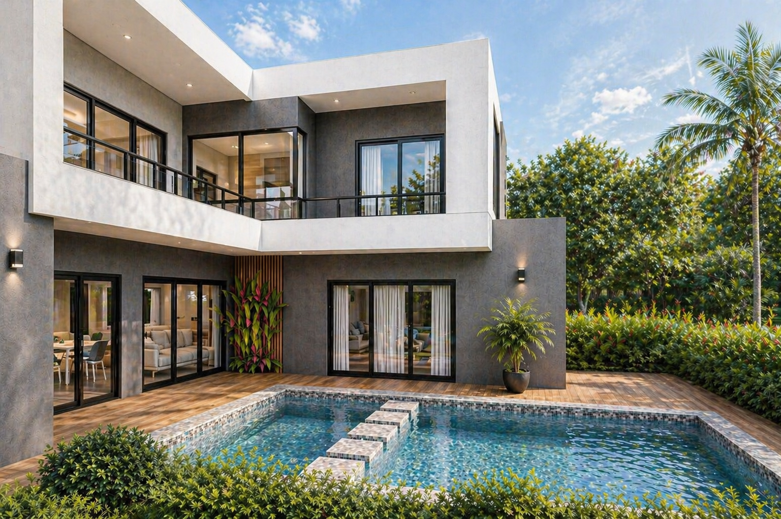 Modern two-story house with a pool in the backyard, large glass sliding doors, potted plants, and a wooden deck, surrounded by lush greenery and a partly cloudy sky.