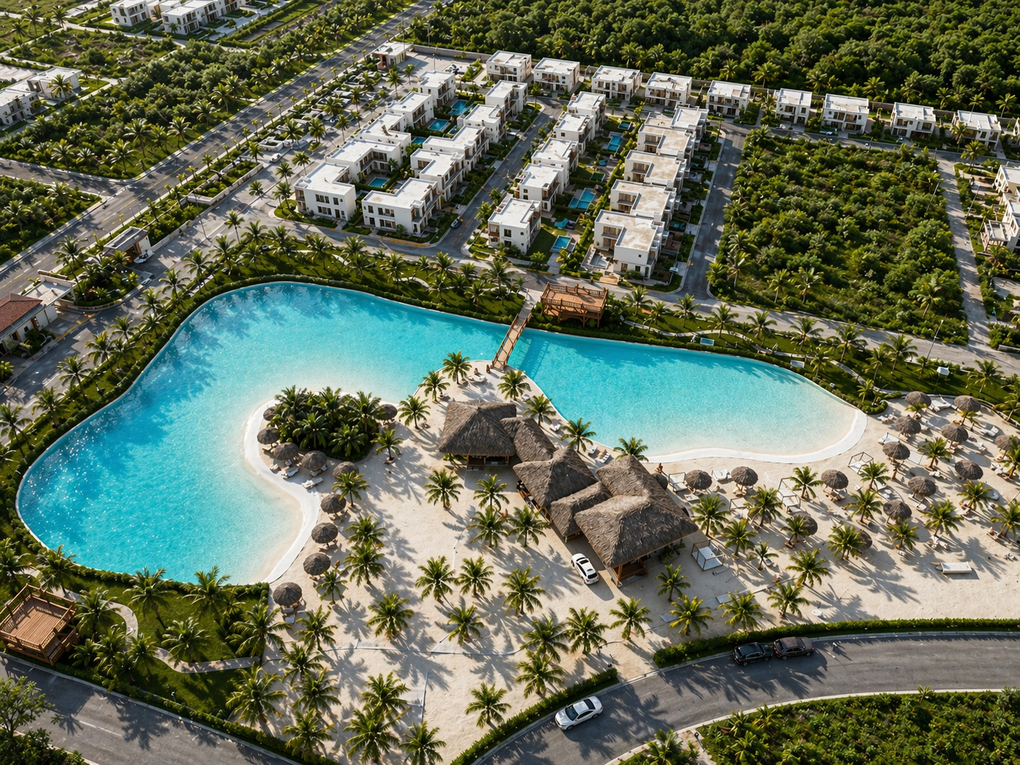 Aerial view of a resort with a large lagoon-style swimming pool, surrounded by palm trees, thatched-roof huts, and lounging chairs. There are modern white residential buildings and dense greenery in the background.