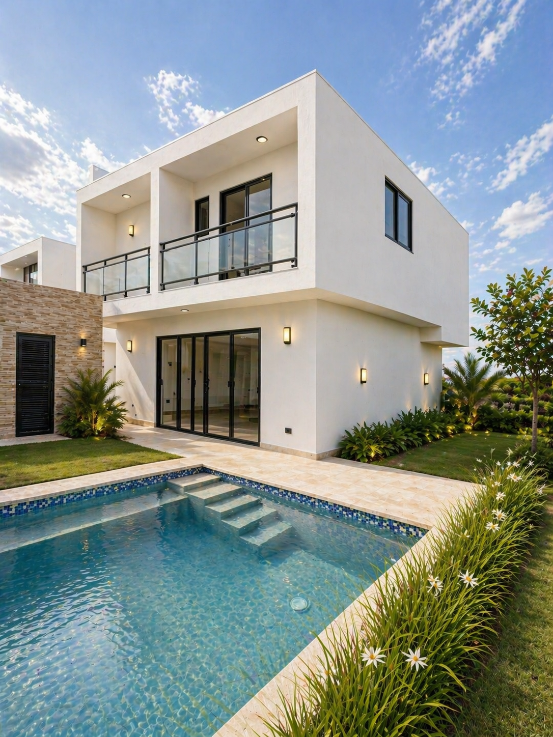 Modern two-story house with a white exterior, glass sliding doors, a balcony with a black railing, and exterior wall-mounted lights. In front, there's a small swimming pool surrounded by a patio, grass, and lush greenery under a partly cloudy sky.