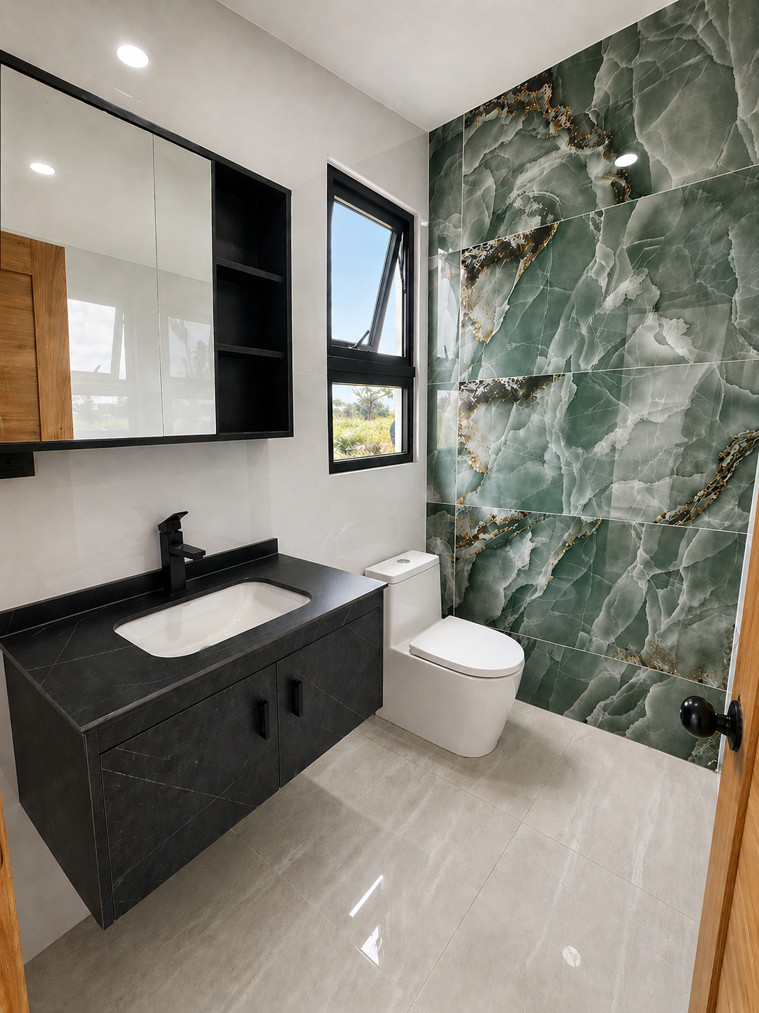 Modern bathroom with green marble accent wall, white toilet, black vanity with black faucet, mirrored medicine cabinet, and a window showing outside greenery.