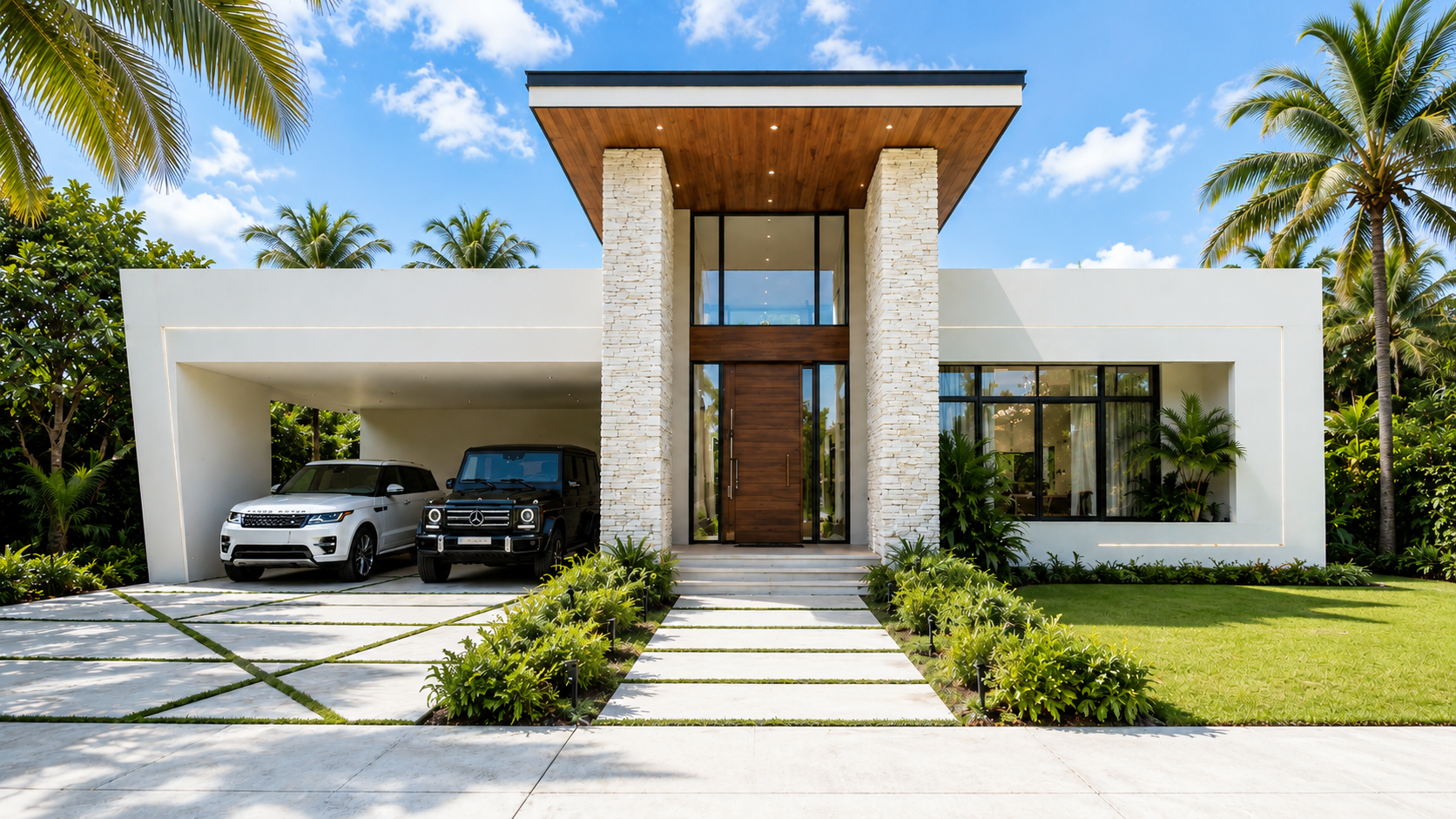 Modern house with a white exterior, wooden and stone accents, large glass windows, and a front yard with a paved walkway, green lawn, and palm trees. Two cars — a white SUV and a black luxury vehicle — are parked under a carport.
