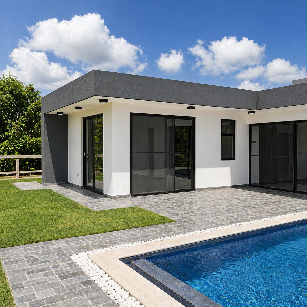 Modern house with large glass sliding doors, a pool with blue water, a grassy lawn, and gray paved patio under a partly cloudy sky.
