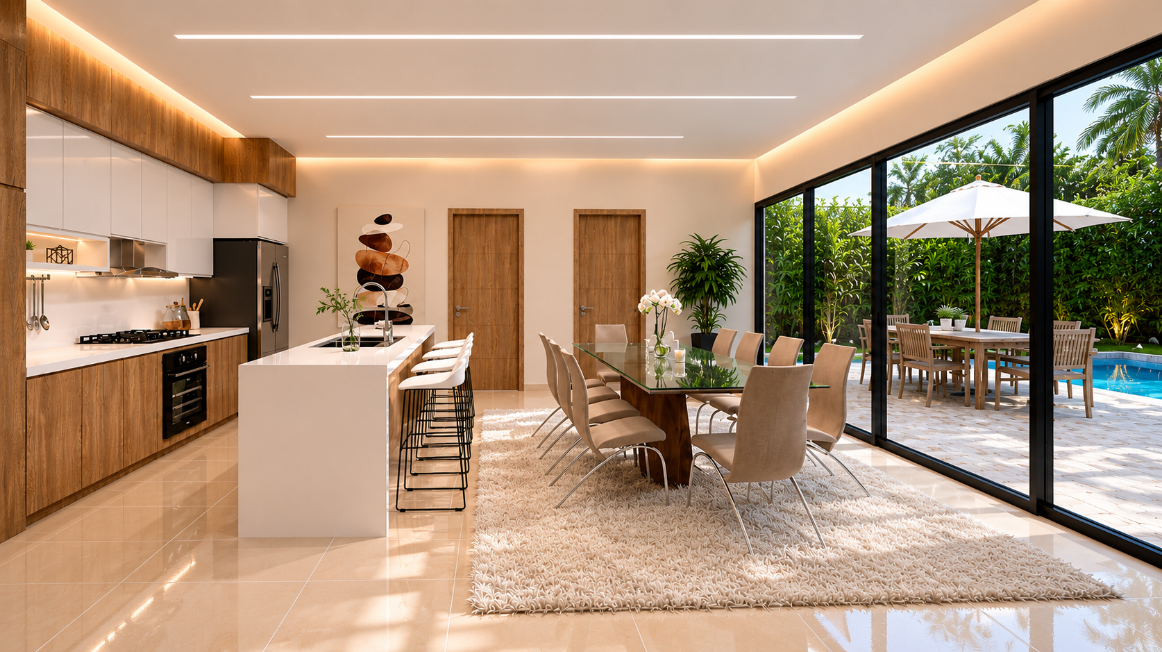 Modern kitchen and dining area with large glass sliding doors opening to outdoor patio, pool, and lush greenery.