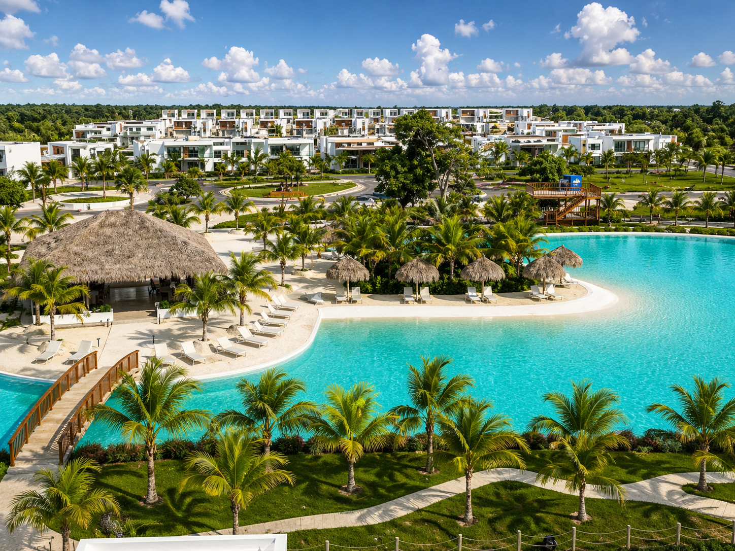 Aerial view of a tropical resort with a large swimming pool, palm trees, thatched-roof cabanas, lounge chairs, and modern white buildings in the background under a partly cloudy sky.
