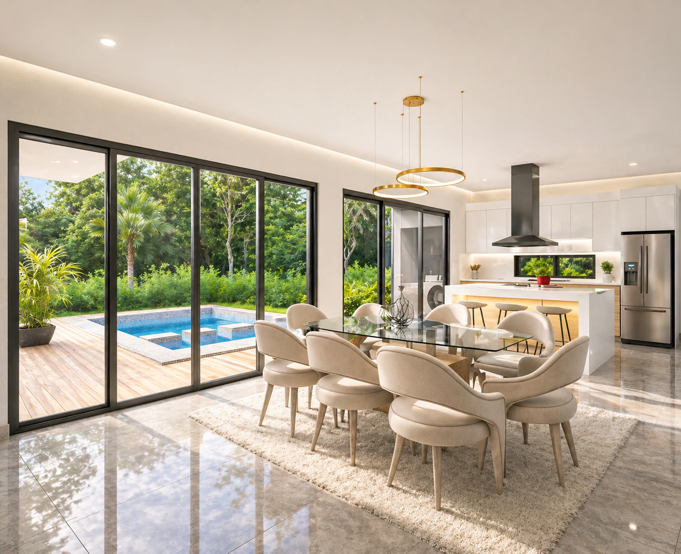 Modern open-concept dining and kitchen area with large sliding glass doors revealing a backyard with a pool, surrounded by lush greenery.