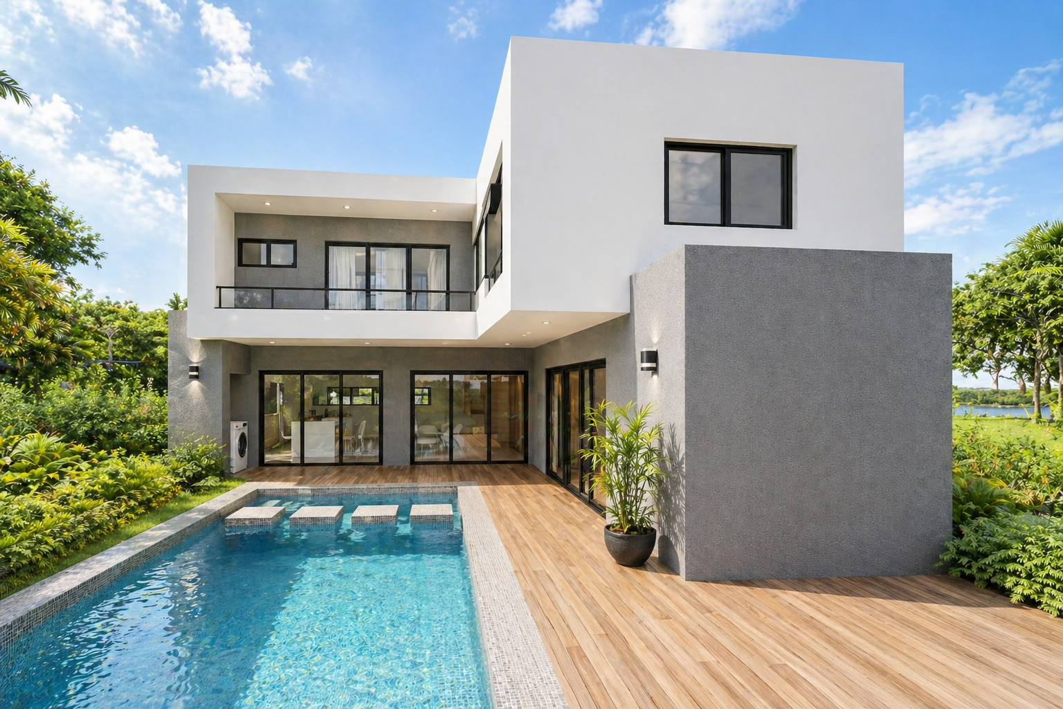 Modern two-story house with a swimming pool, wooden deck, and large sliding glass doors, surrounded by greenery and trees, under a blue sky with some clouds.