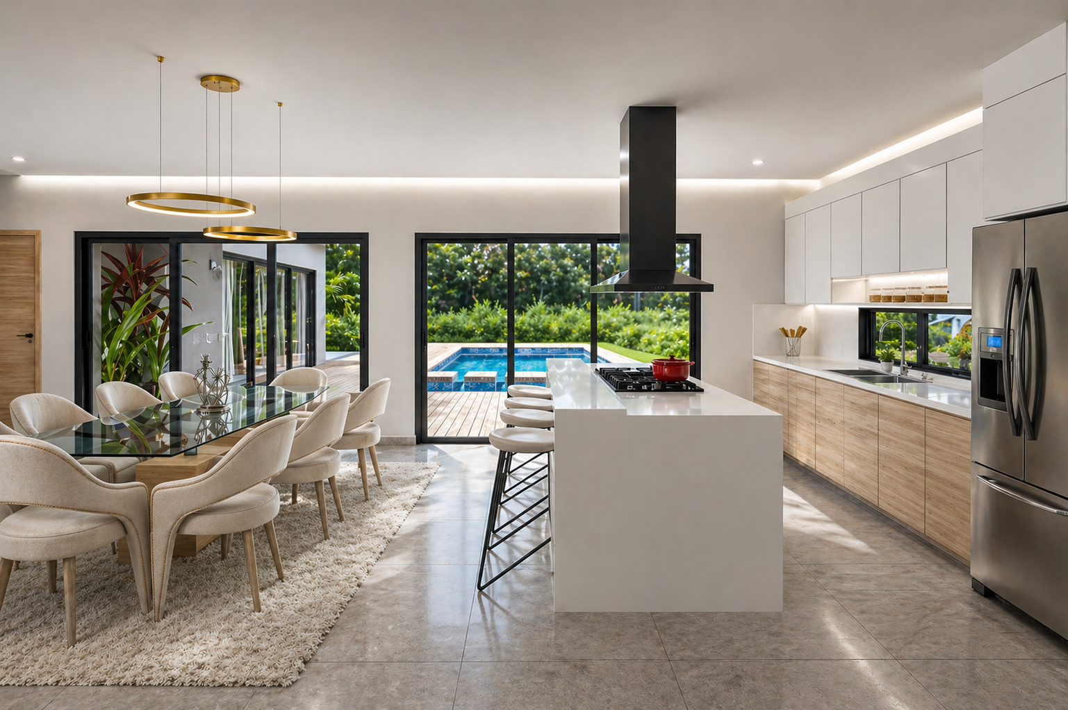 Modern open-concept kitchen and dining area with large glass sliding doors leading to a backyard with a pool, featuring a white kitchen island, beige dining chairs around a glass top table, and view of lush greenery outside.