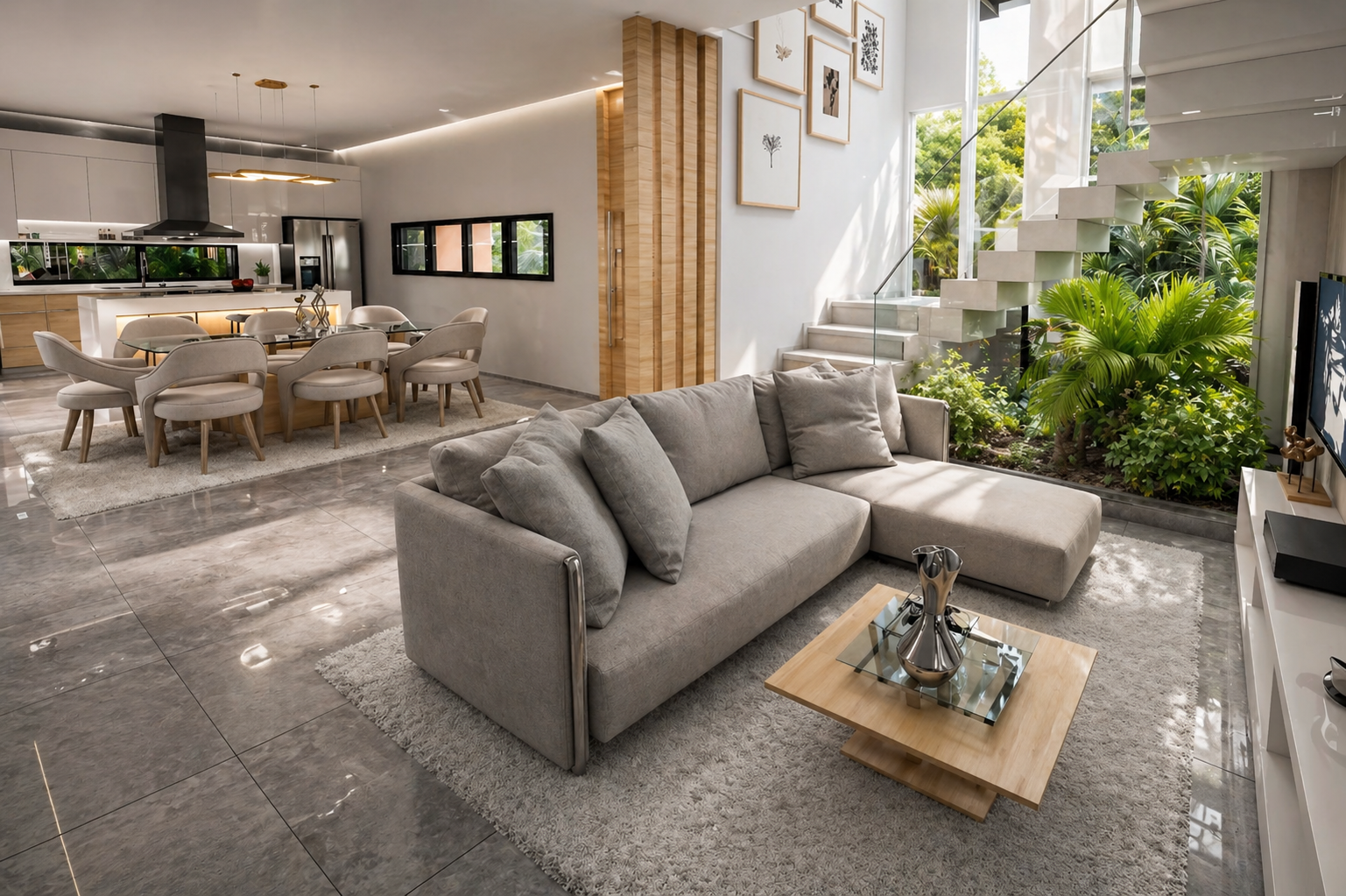 Modern living room and dining area with light-colored sectional sofa, gray stone tile floor, wooden coffee table, large glass windows revealing outdoor greenery, and a dining table with chairs in an open floor plan.