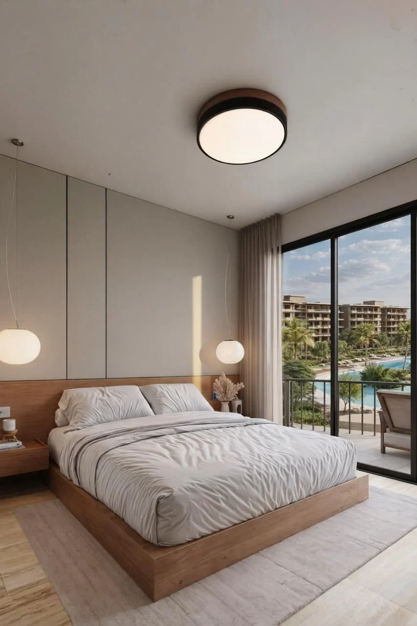 Modern bedroom with a large bed, white bedding, and wooden frame. Two hanging globe pendant lights, a floor-to-ceiling window with view of a pool and buildings, and neutral decor.
