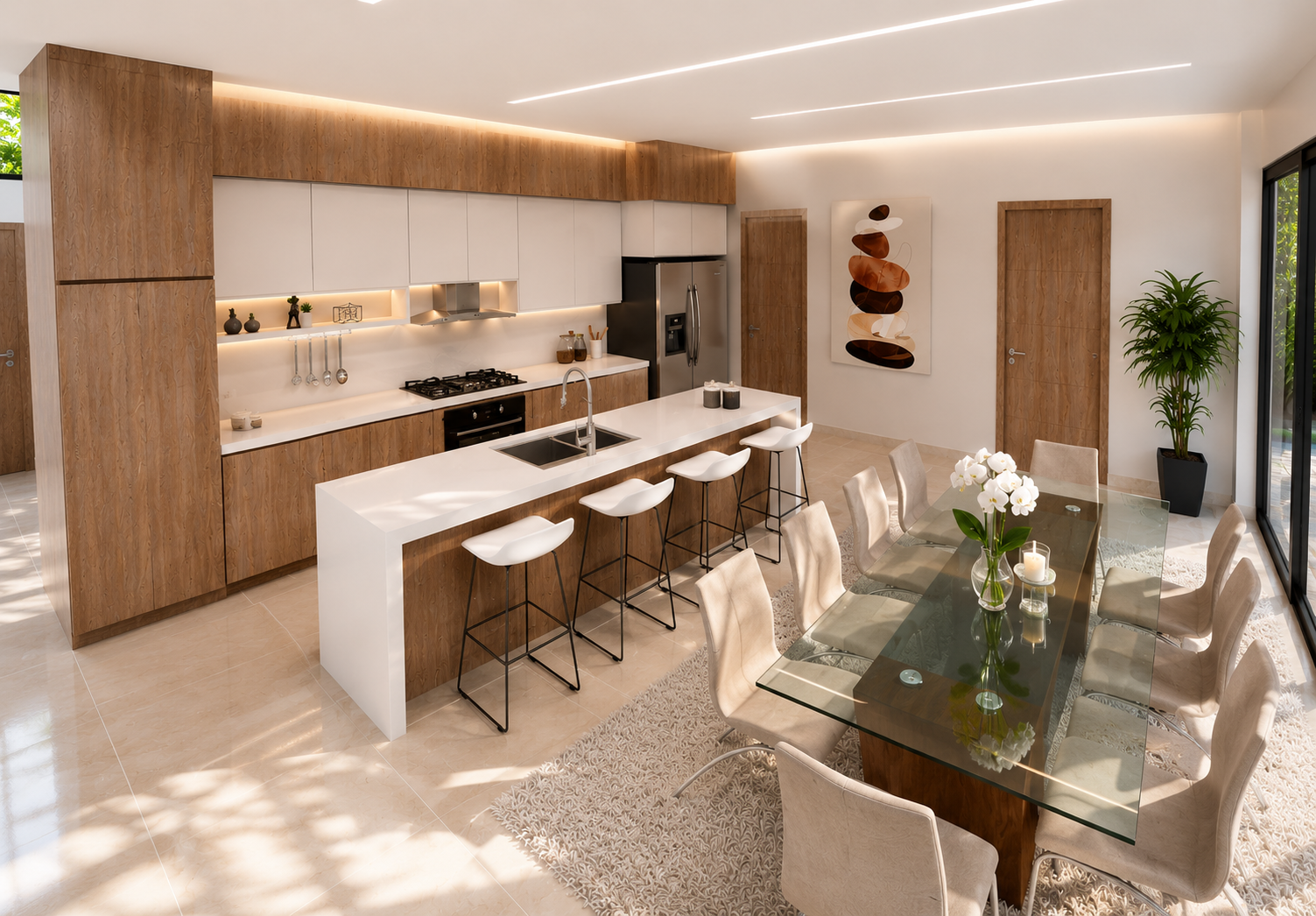 Modern kitchen with wooden cabinets, white countertops, and built-in appliances, connected to a dining area with a glass table and padded chairs, decorated with flowers and a potted plant, illuminated by natural light from large sliding doors.