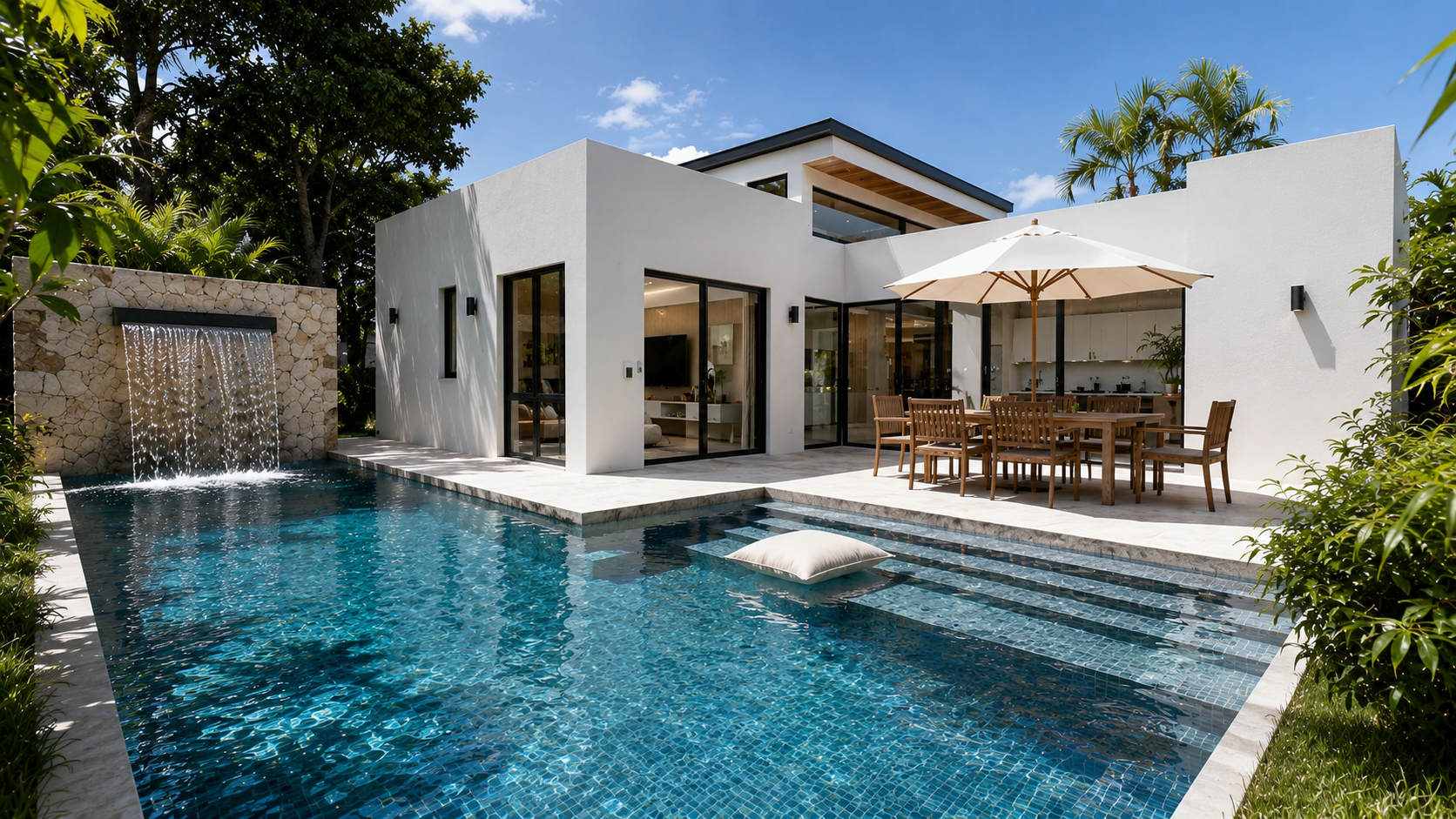 Modern house with a swimming pool, outdoor dining area with a large umbrella, lounge pillows, and lush greenery with a clear blue sky.