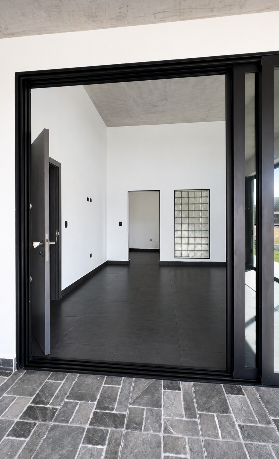 Modern minimalist interior featuring black-framed doorways and windows, white walls, and black tiled flooring.