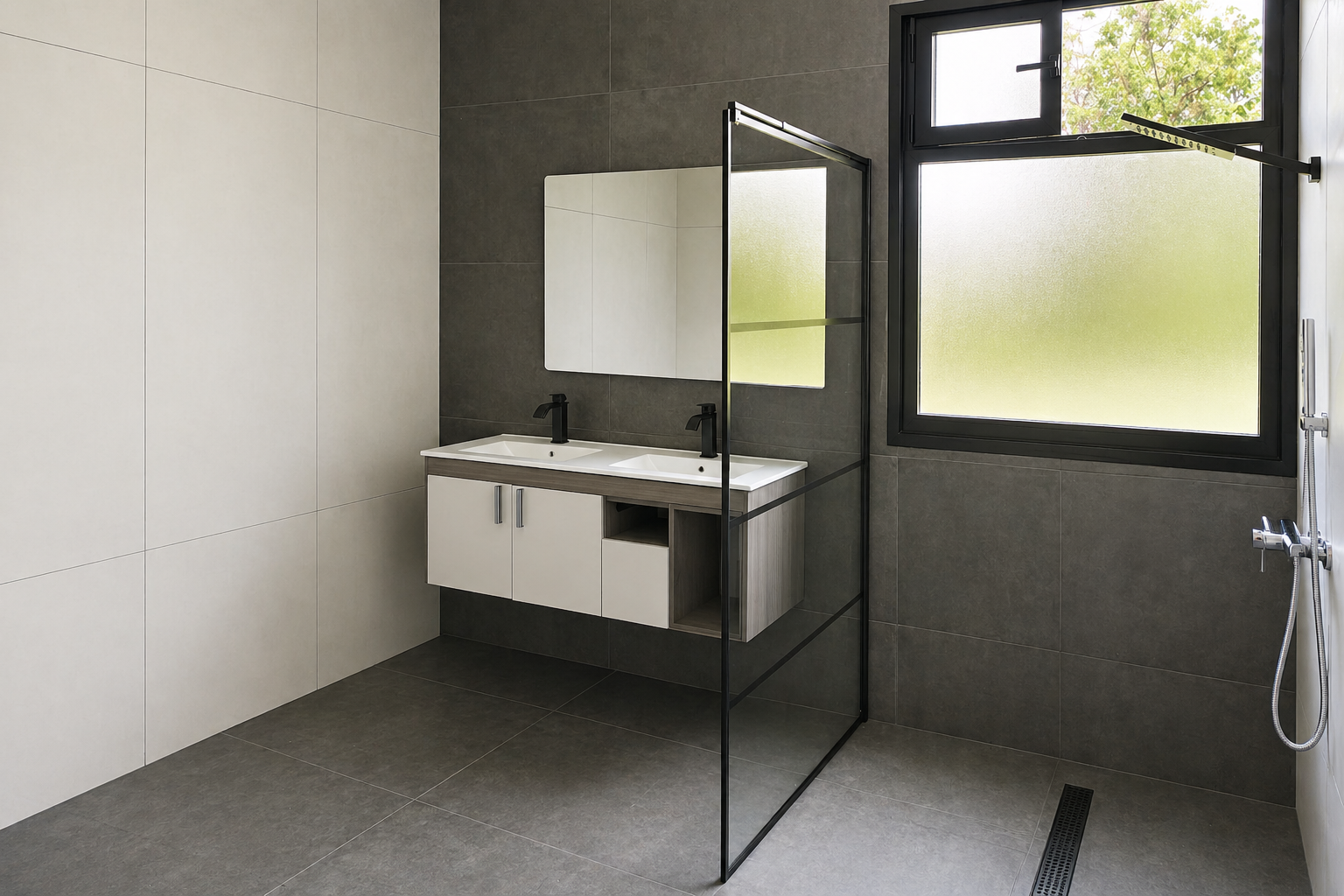 Modern bathroom with dual sinks, a large mirror, frosted window, and a glass partition in a minimalistic design.