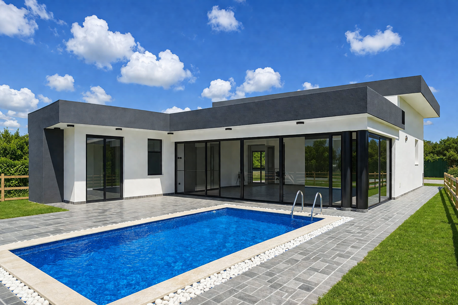 Modern house with a swimming pool, large glass windows, and a small yard on a sunny day.
