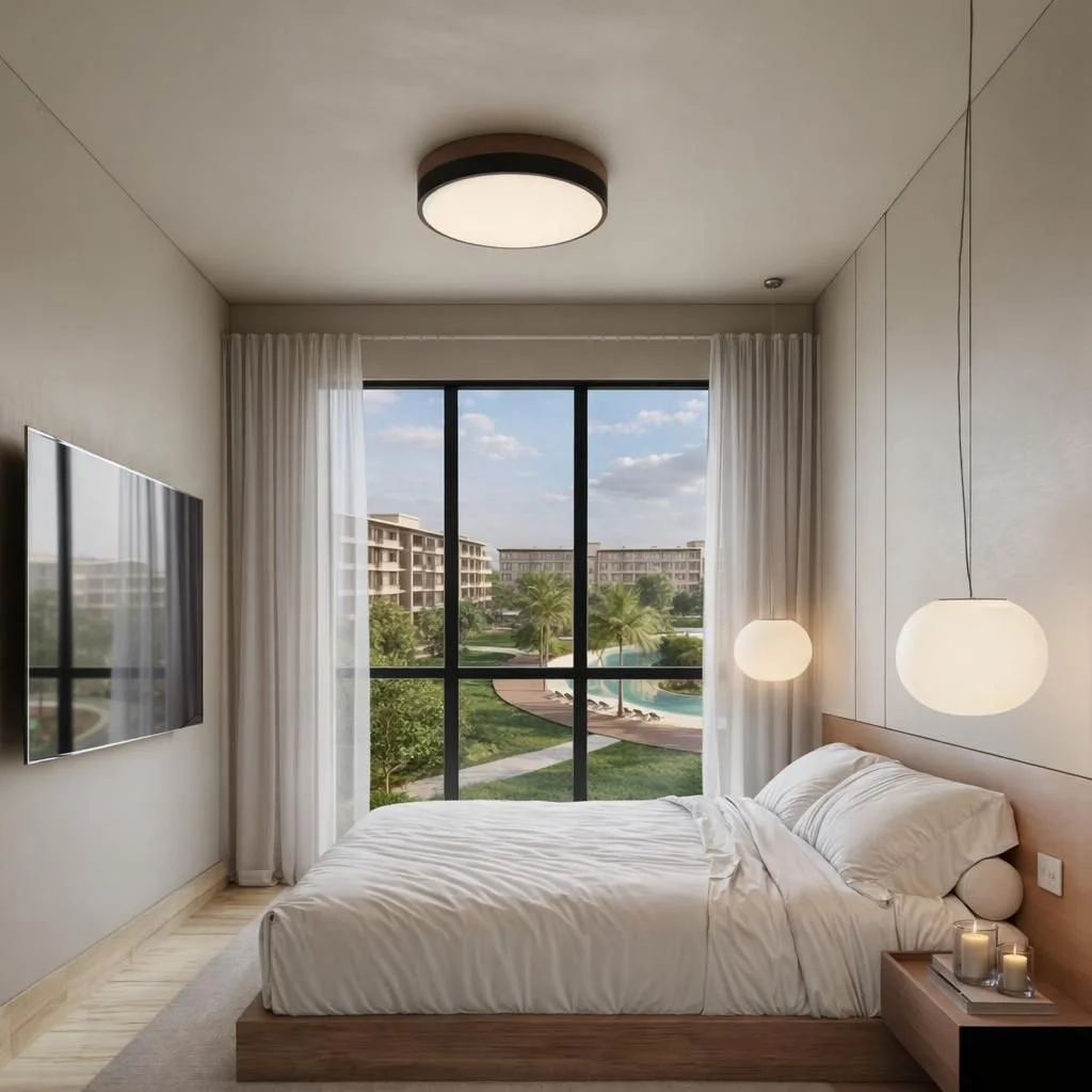 Modern bedroom with a large window showing a view of trees, a swimming pool, and apartment buildings, white bedding, wall-mounted flat-screen TV, and hanging pendant lights.