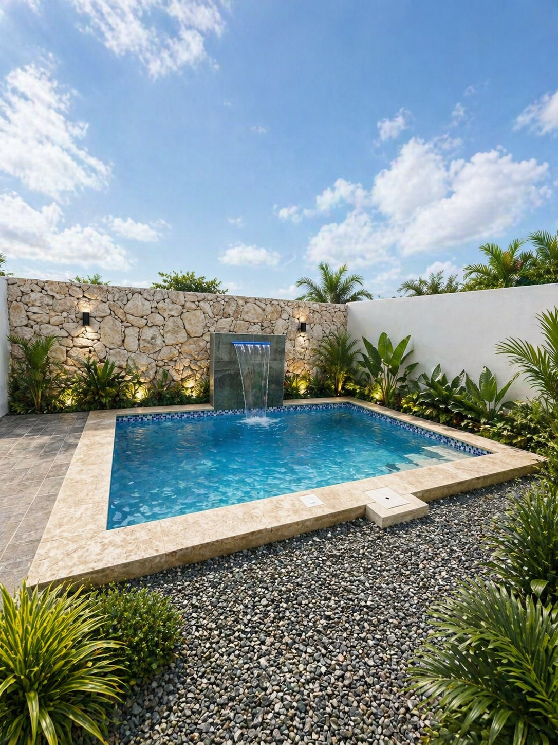 Small backyard swimming pool with a waterfall feature, surrounded by tropical plants, stone and tile surfaces, and a stone wall, under a partly cloudy sky.