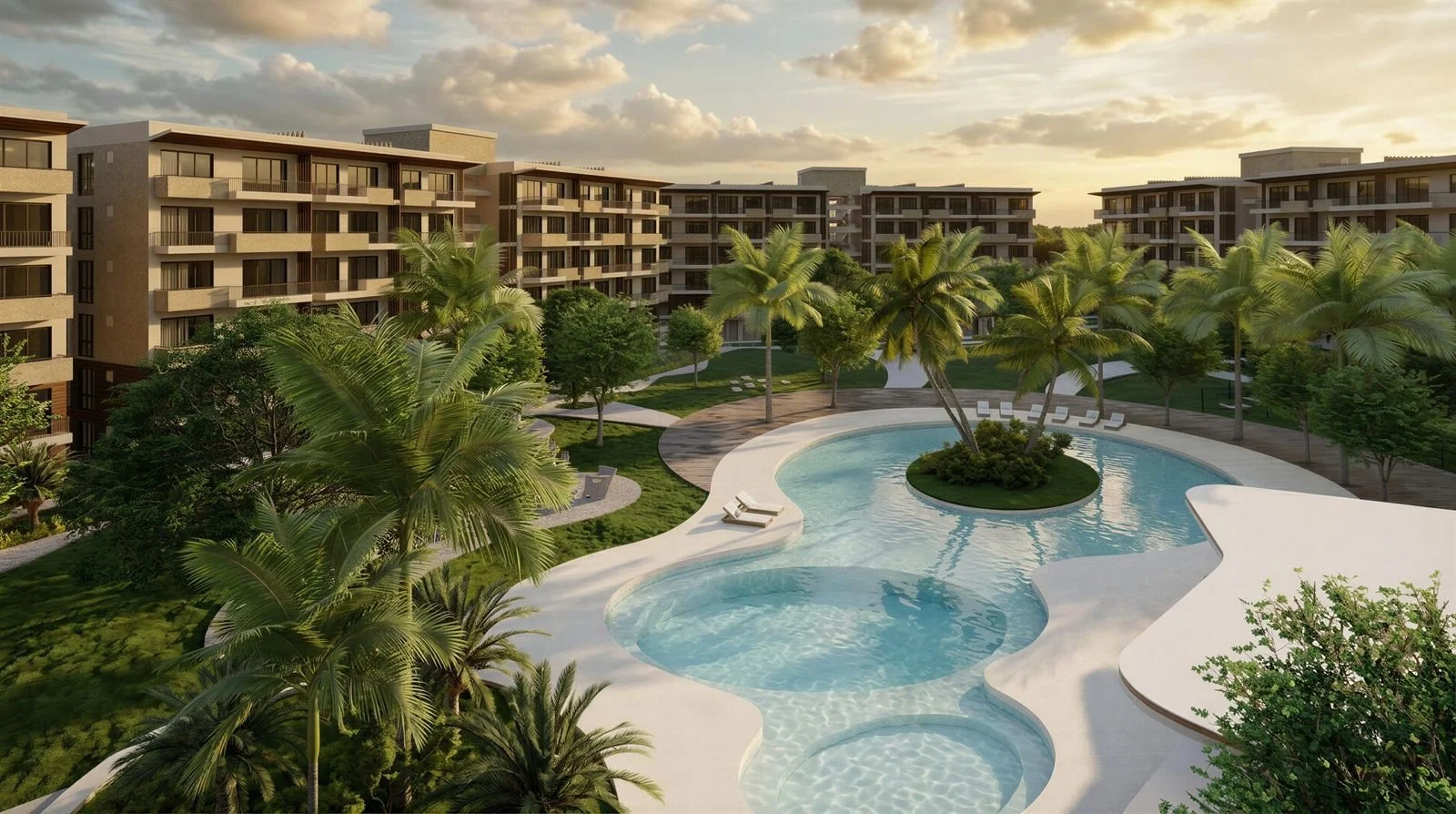 Modern apartment complex with a large outdoor swimming pool, surrounded by lush green palm trees and landscaped gardens, under a partly cloudy sky at sunset.