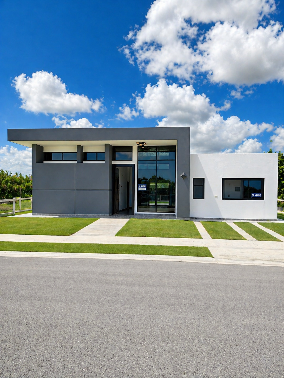 Modern house with gray and white exterior, large glass windows, green lawn, and a partly cloudy sky.