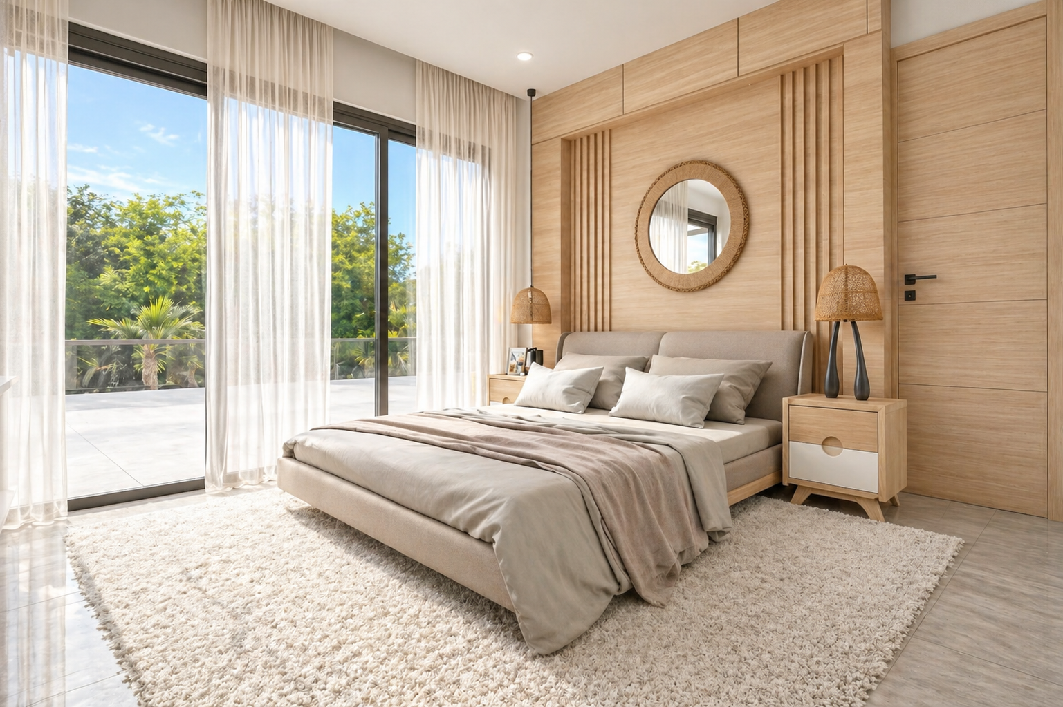 Modern bedroom with large sliding glass doors, beige bed with pillows, wooden nightstands with lamps, round mirror on wooden wall, white rug, and view of green trees outside.