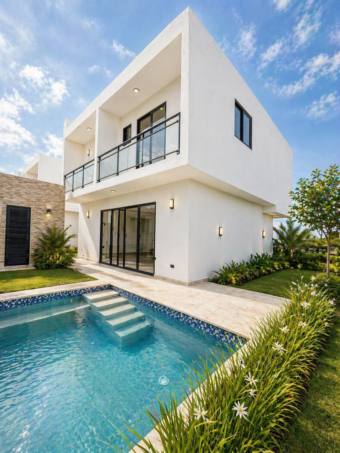 Modern two-story white house with a swimming pool, outdoor patio, glass doors, and balconies, surrounded by landscaped greenery and a bright blue sky.