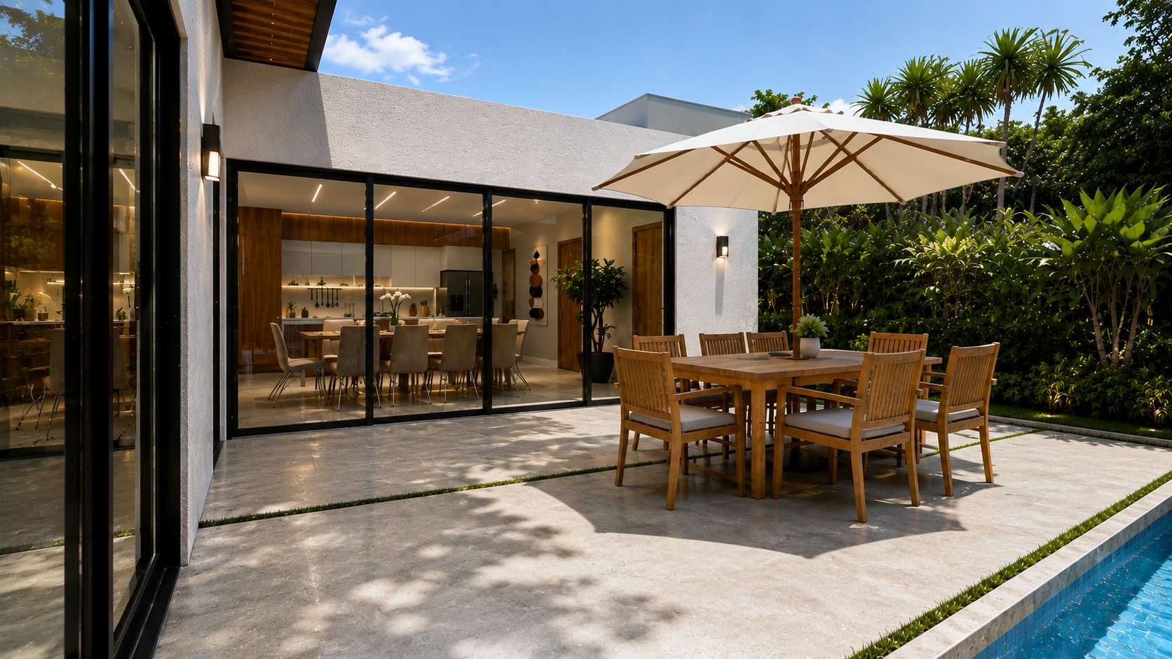 Outdoor patio with a wooden dining table and six chairs under a large beige umbrella, adjacent to a swimming pool, overlooking a lush green garden, with a modern interior visible through large glass sliding doors.