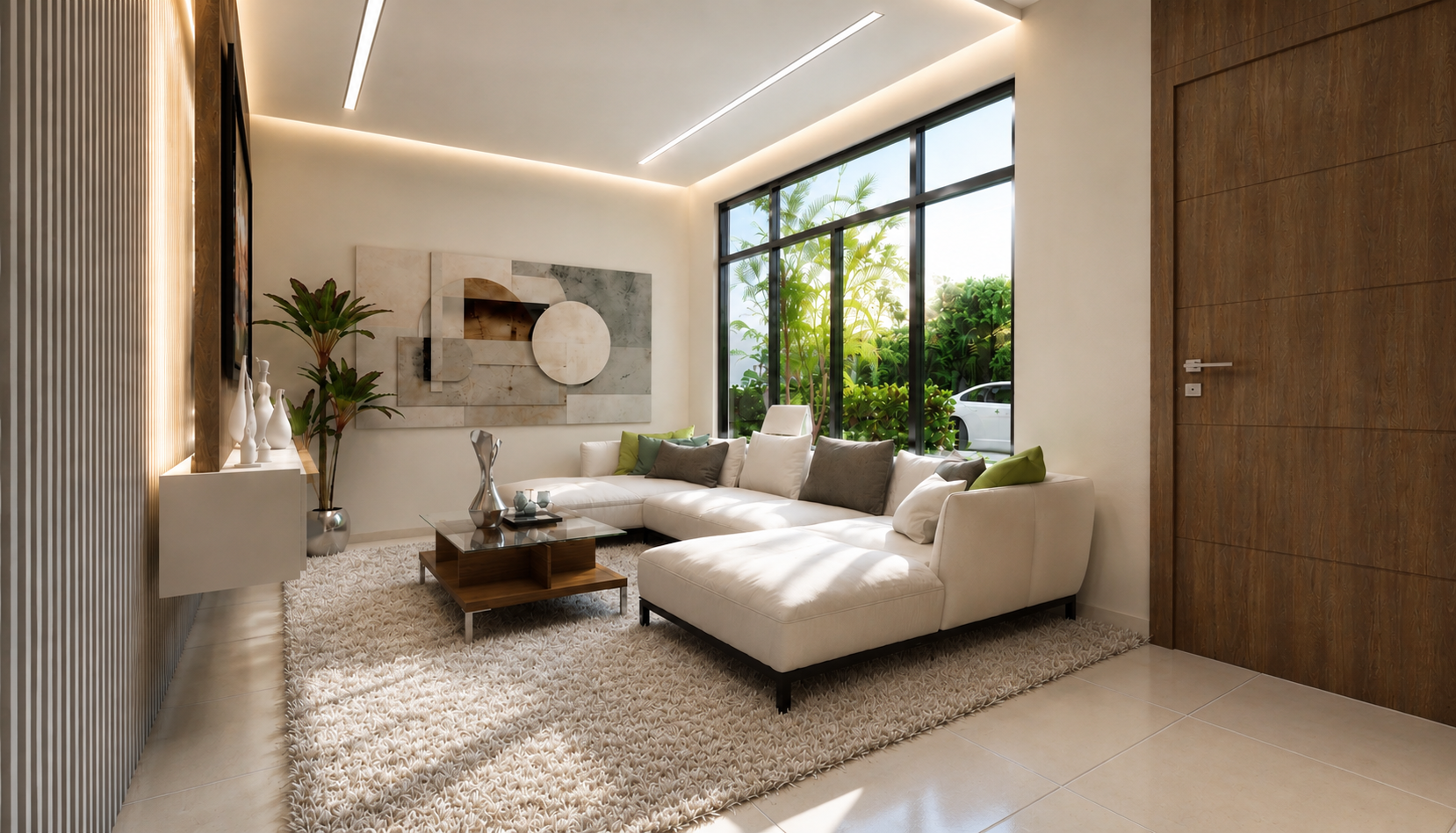 Bright and modern living room with a large white sectional sofa, green and gray pillows, a glass coffee table, textured cream rug, abstract wall art, potted plant, and large windows showing greenery outside.