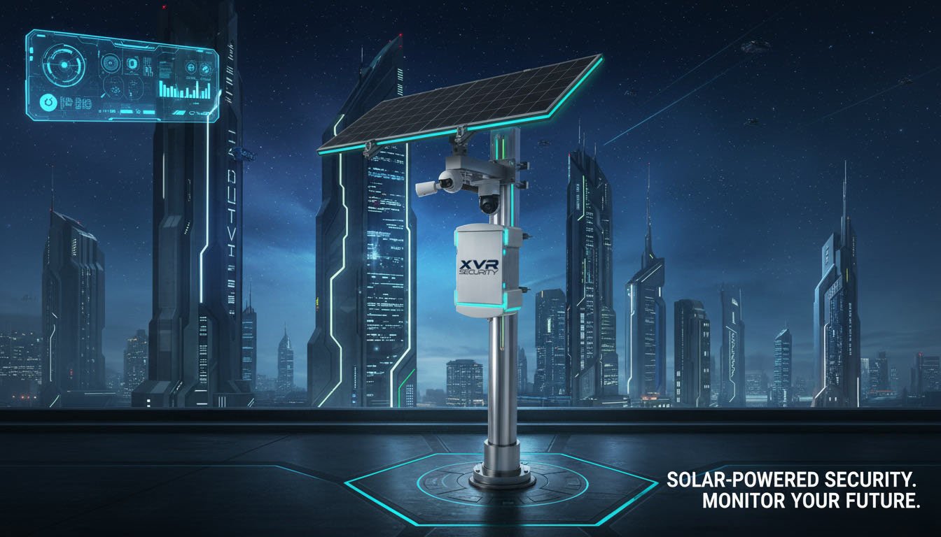 A solar-powered security camera system with a large solar panel mounted above a camera on a city rooftop at night. The background features a futuristic city skyline with tall, illuminated skyscrapers and digital interface overlays.