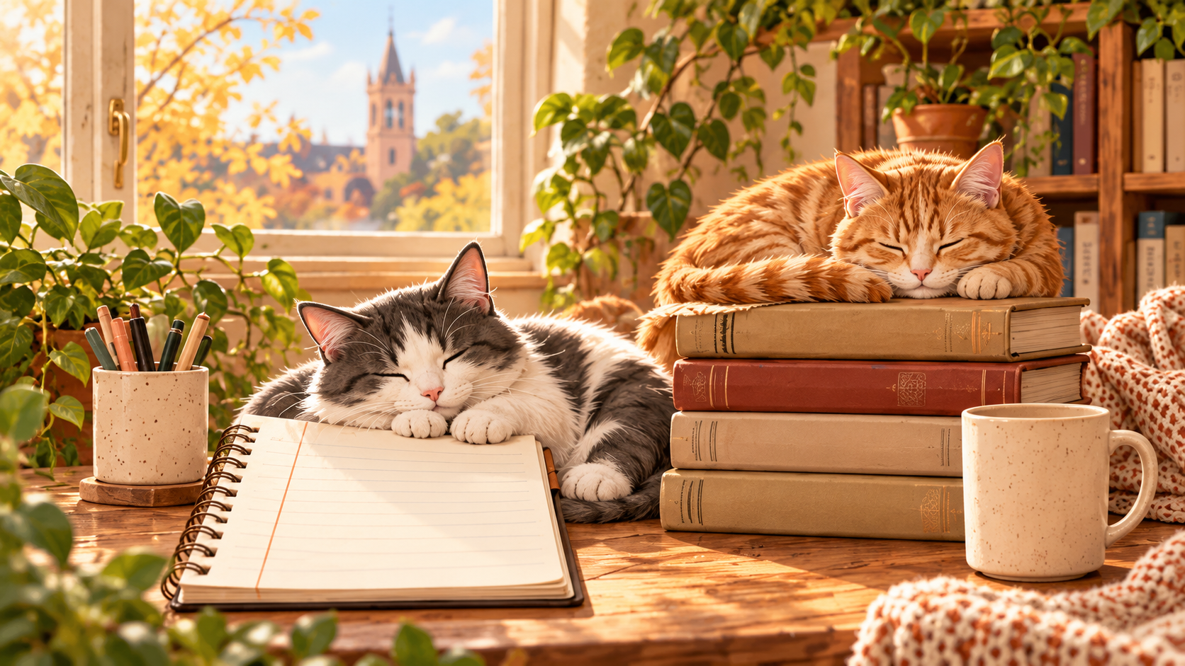 Two cats rest beside books, a notebook, and a mug in a sunlit reading nook.