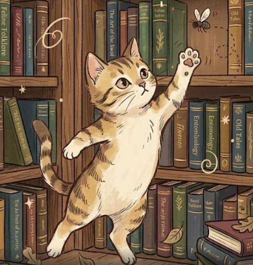 illustrated book style image of a cat swatting at a fly.
