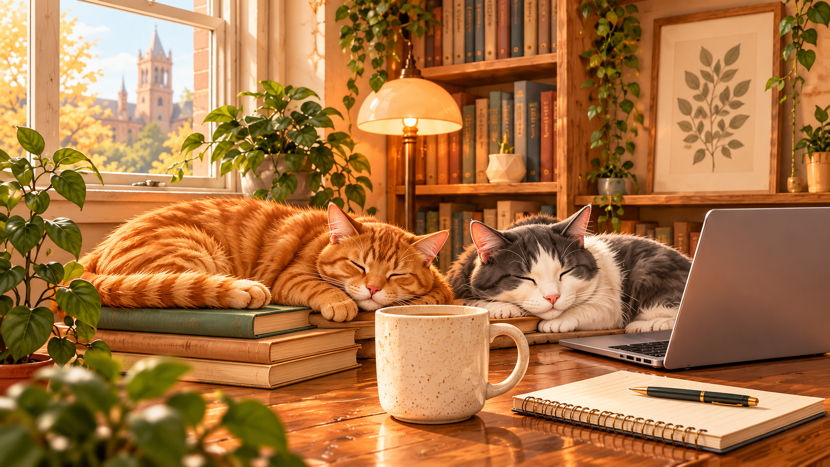 Two cats curl up beside a laptop, books, and a warm mug in a cozy nook.