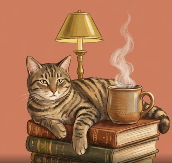 A fluffy tabby cat lounging lazily across a tall stack of worn hardcover books, one paw draped over the edge.