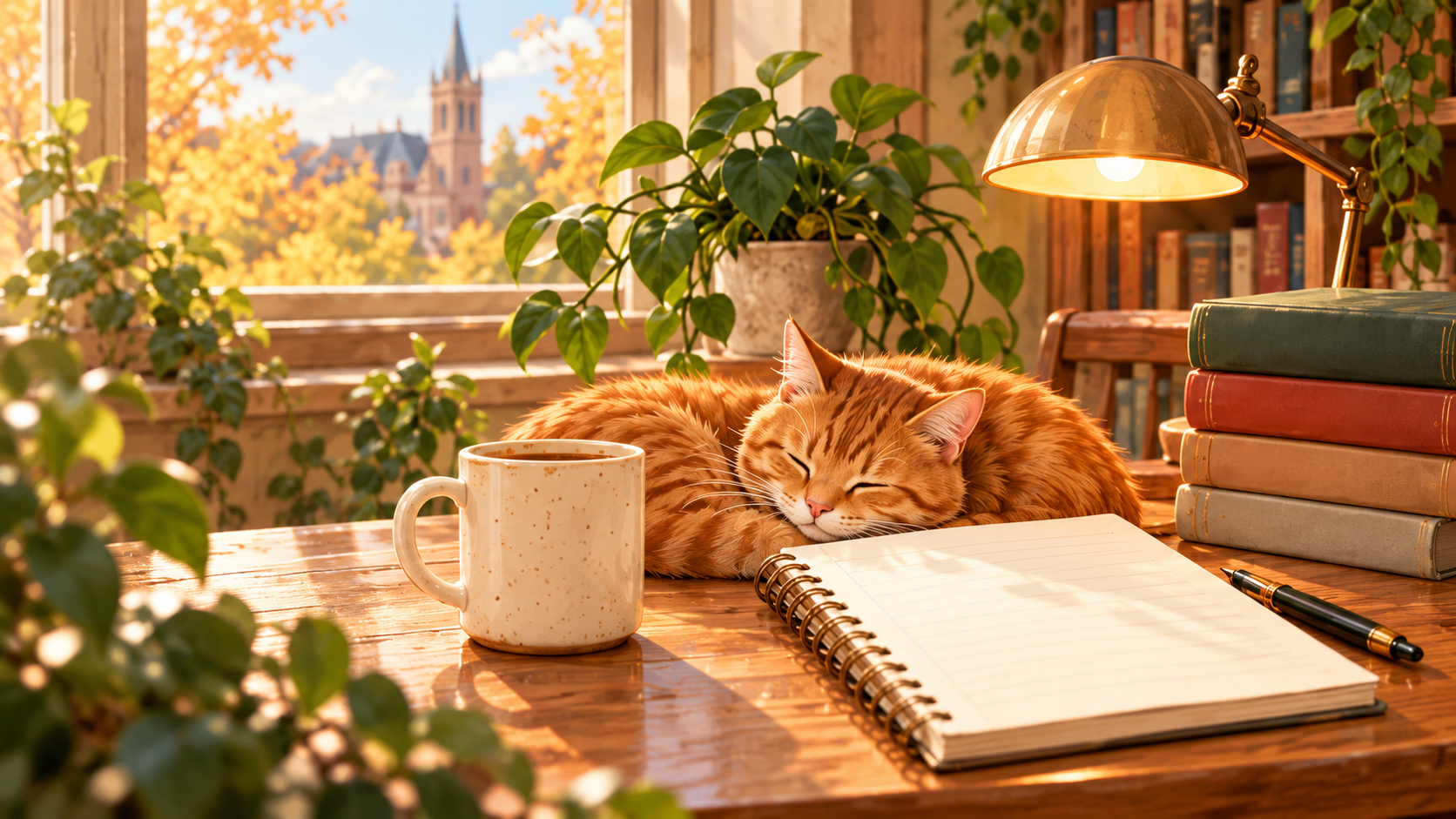 An orange cat naps beside a notebook, mug, books, and a warm desk lamp.
