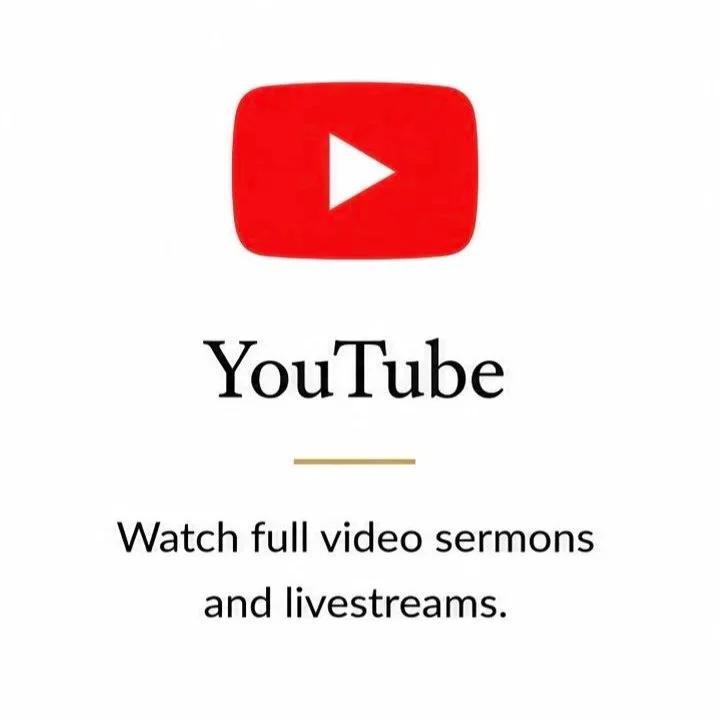 YouTube logo with text 'Watch full video sermons and livestreams'.