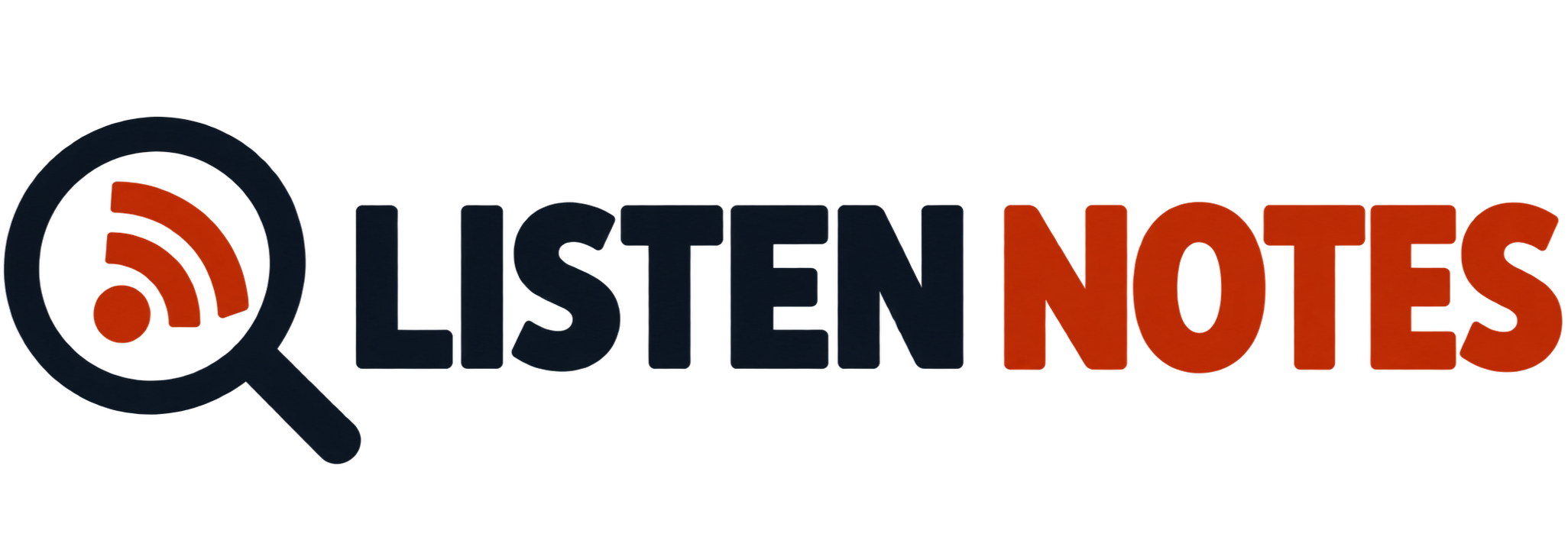 Logo of Listen Notes featuring a magnifying glass with a Wi-Fi signal icon inside and the text 'LISTEN NOTES' with 'LISTEN' in dark blue and 'NOTES' in red.