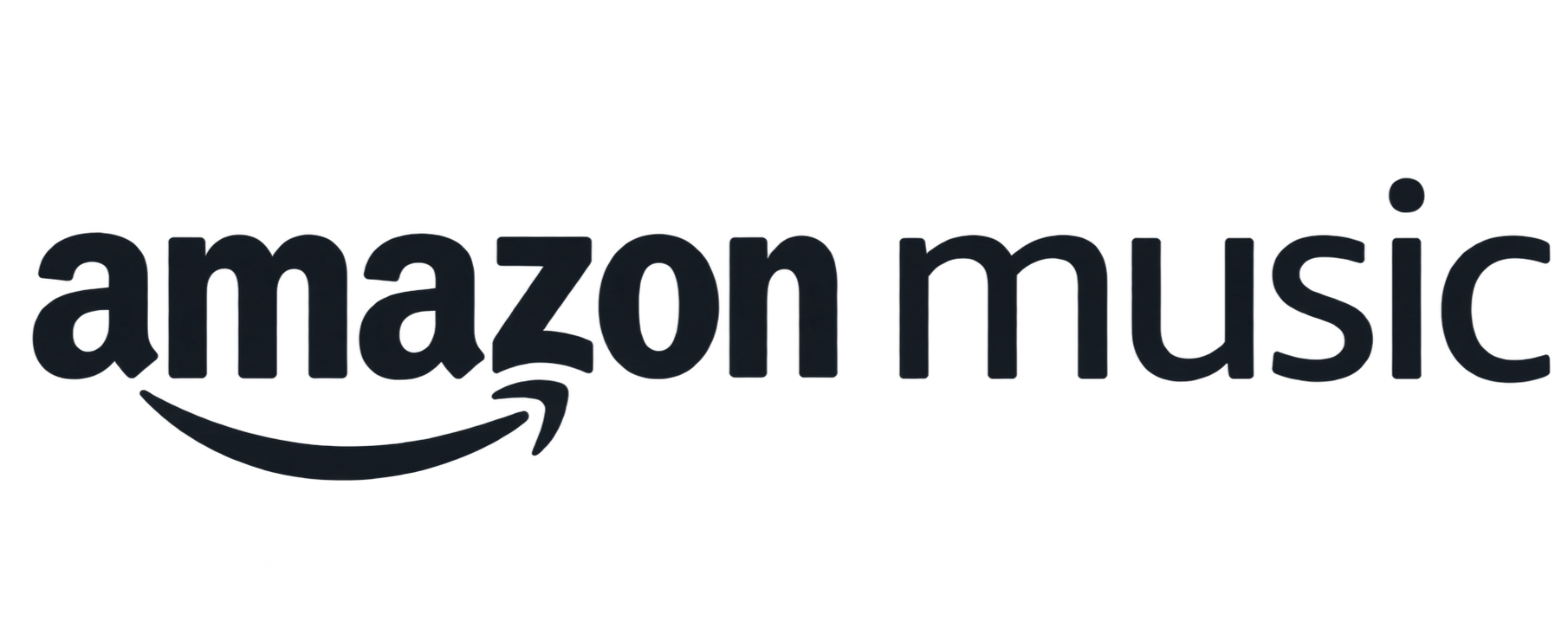 Amazon Music logo in black and white with a curved arrow underneath the text