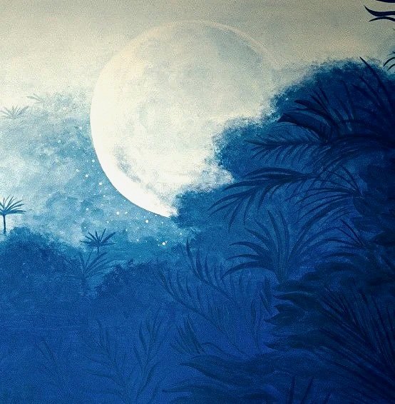 Indoor mural detail of moon in night sky over dark blue foliage and trees