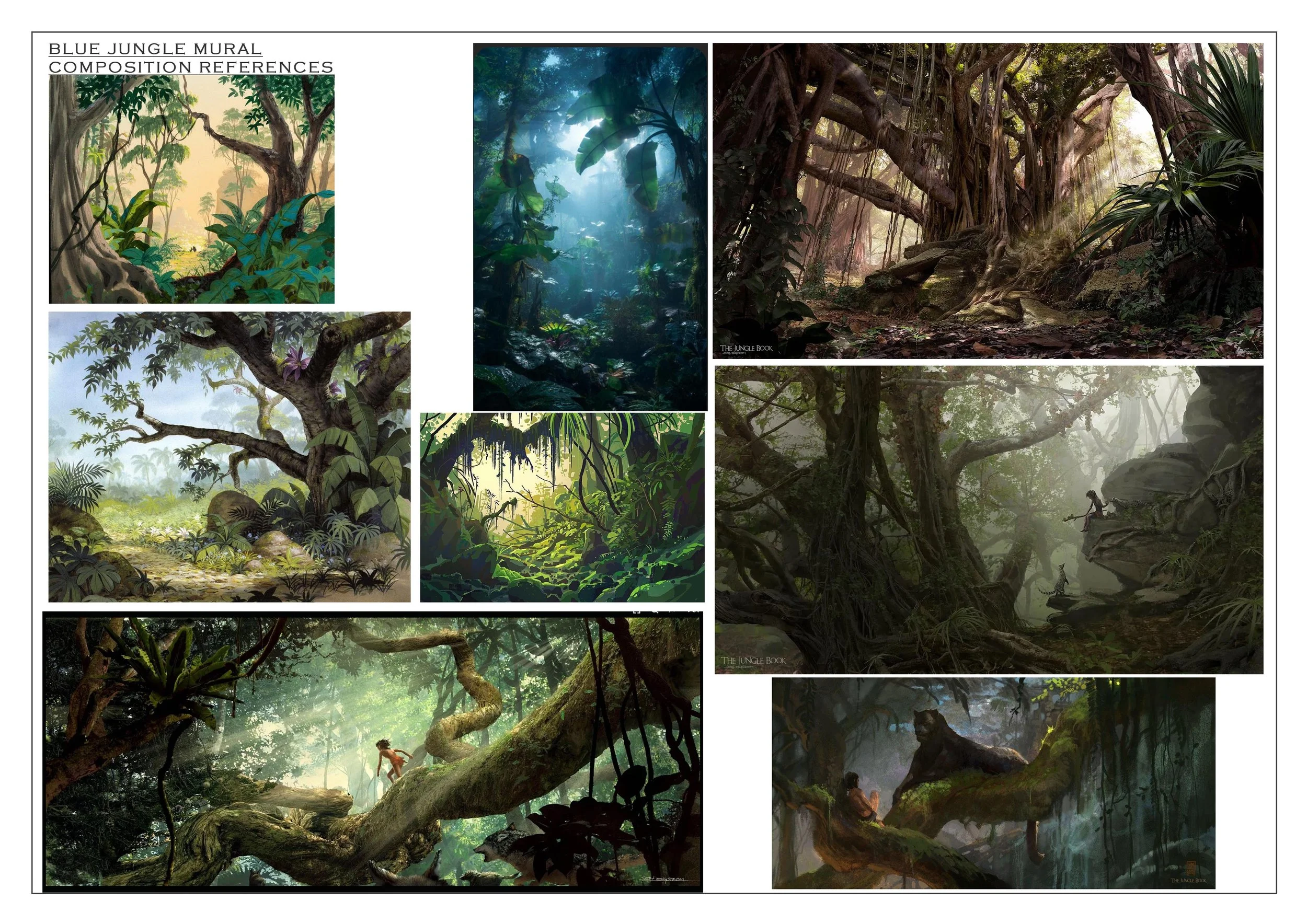Inspiration board for a jungle themed mural with foliage and botanicals
