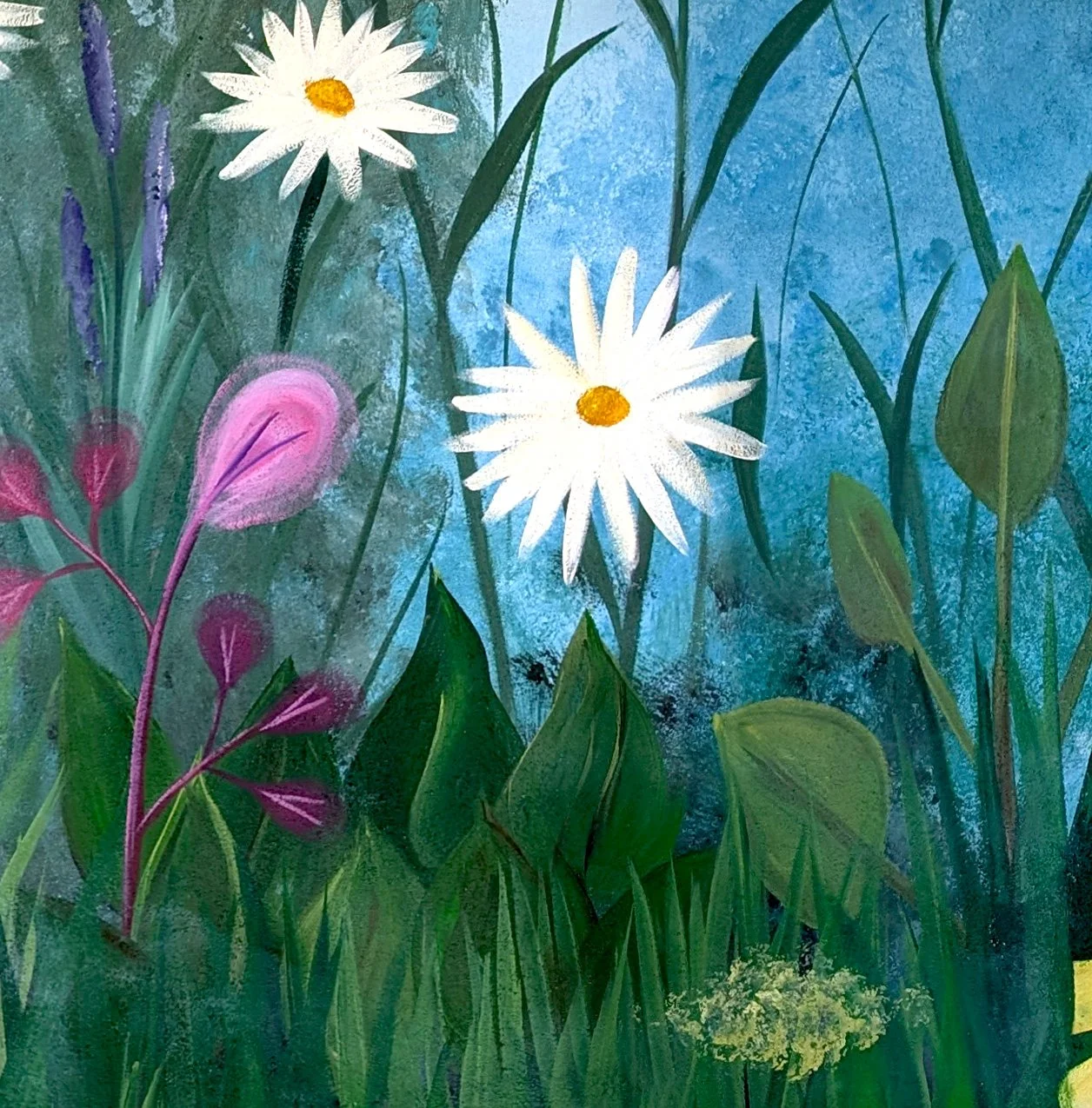 Outdoor mural of a nature scene with white daisies, pink leaves, green grass, and a blue background.