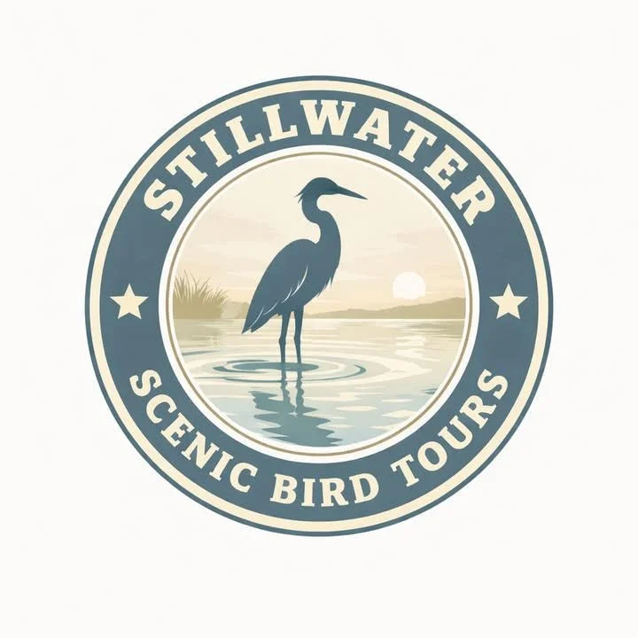 A logo for Stillwater Scenic Bird Tours featuring a heron standing in water against a sunset background.