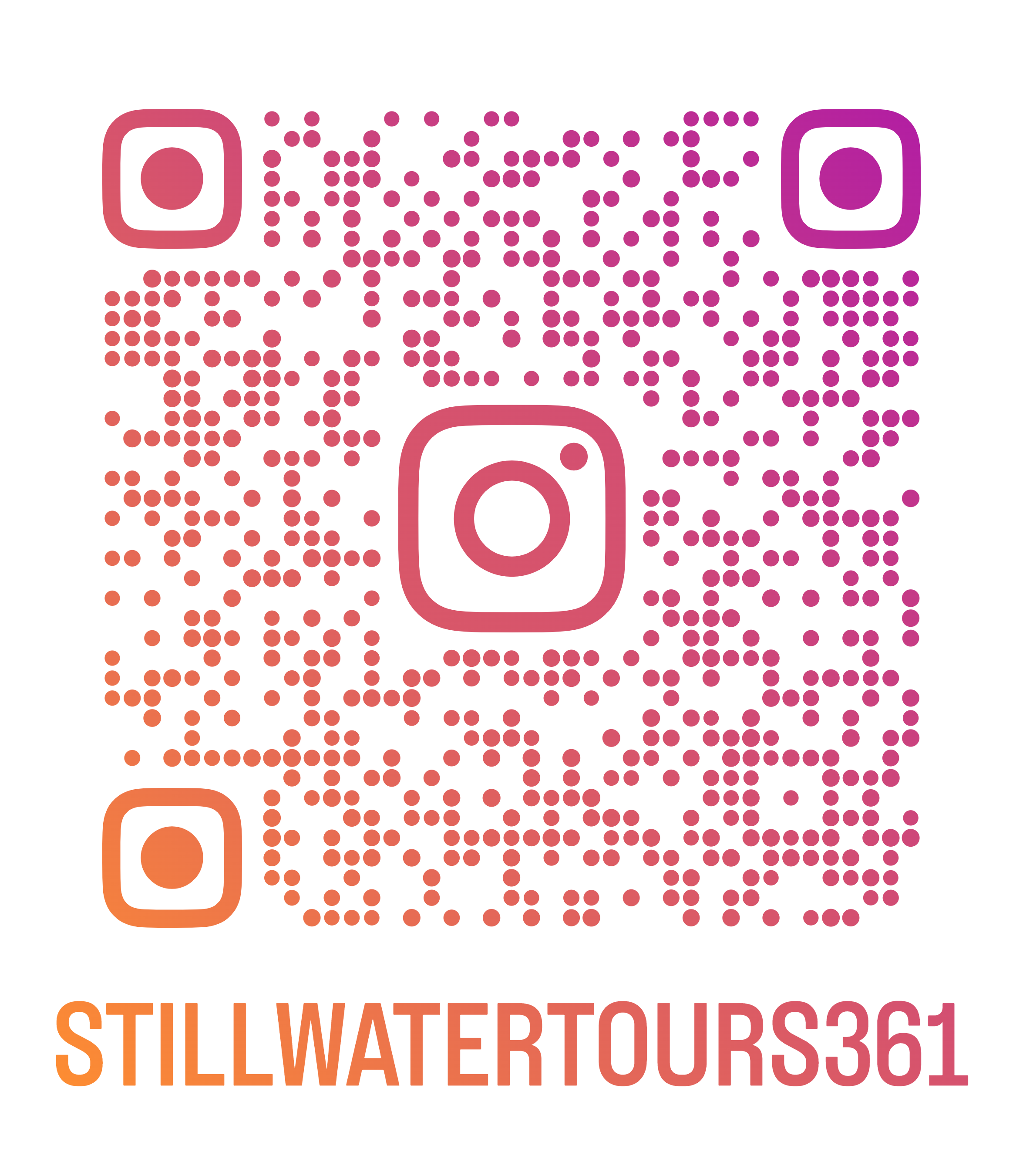 A QR code with a gradient color scheme from pink to orange, featuring the Instagram logo on both the top left and bottom left corners. Below the QR code, the text reads 'STILLWATERTOURS361' in bold, orange and pink gradient letters.