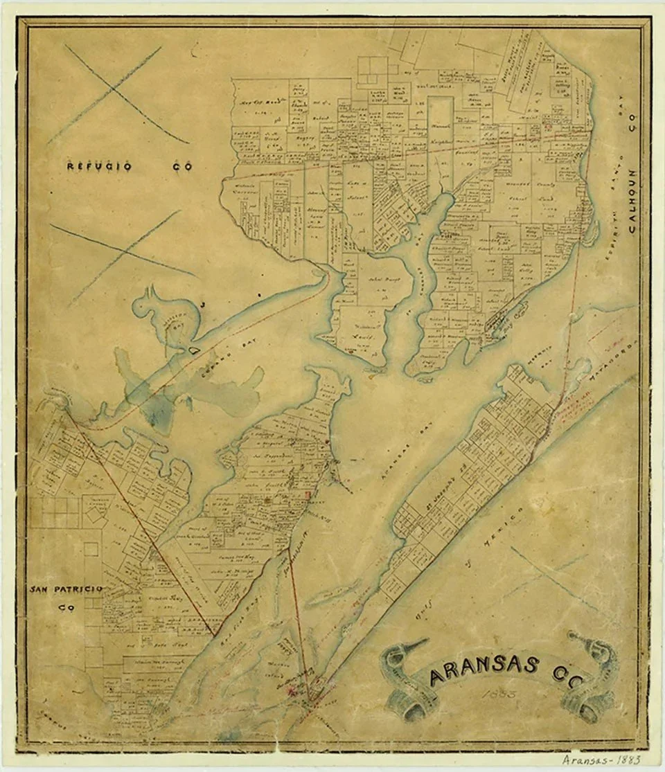 An old map from 1885 showing Rockport Texas, Aransas County and neighboring counties with land divisions and water bodies, including the coastline and islands near the Gulf of Mexico.