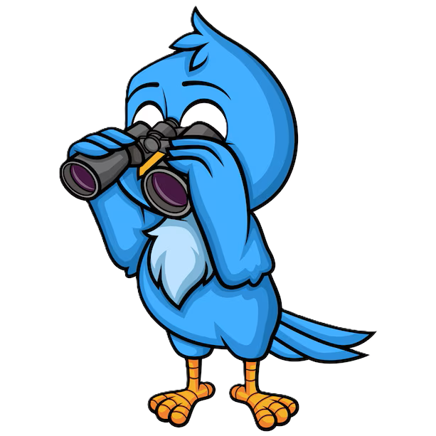 Cartoon blue bird looking through binoculars.