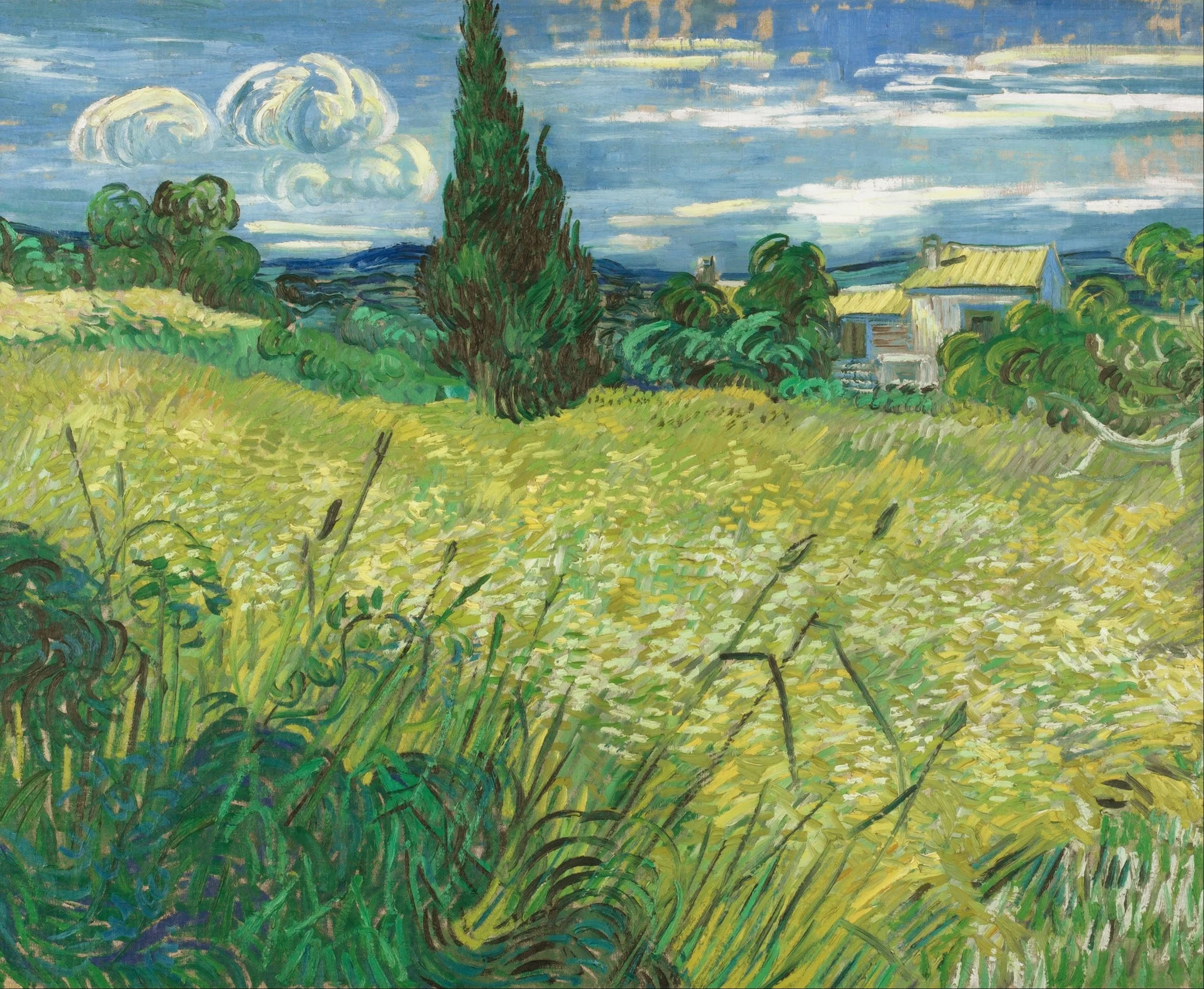 Painting of a rural landscape with green fields, trees, a tall cypress, and farmhouses under a cloudy sky with swirling textures.