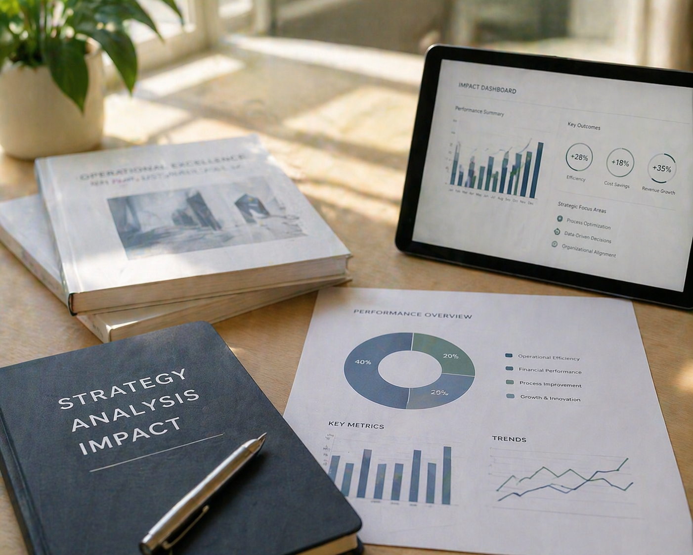 An office desk with business reports, a tablet showing a dashboard with charts, a notebook titled 'Strategy Analysis Impact,' a pen, and a potted plant near a window.