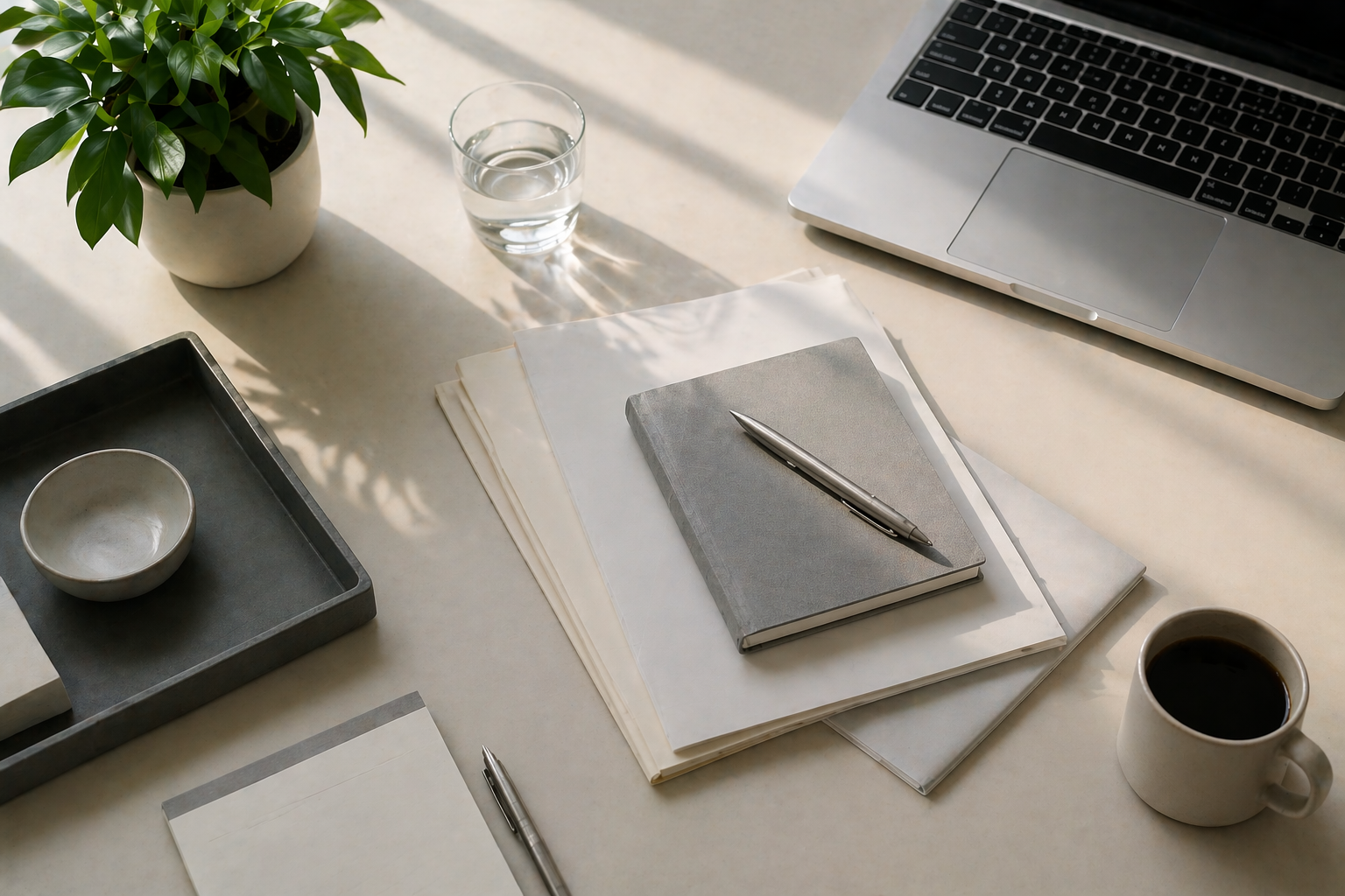 Clean workspace with a laptop, gray notebook with a pen, glass of water, coffee mug, potted plant, and documents on a light-colored desk.