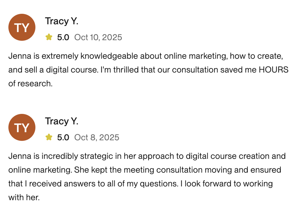 Upwork Testimonial for course strategy and marketing consult Monica