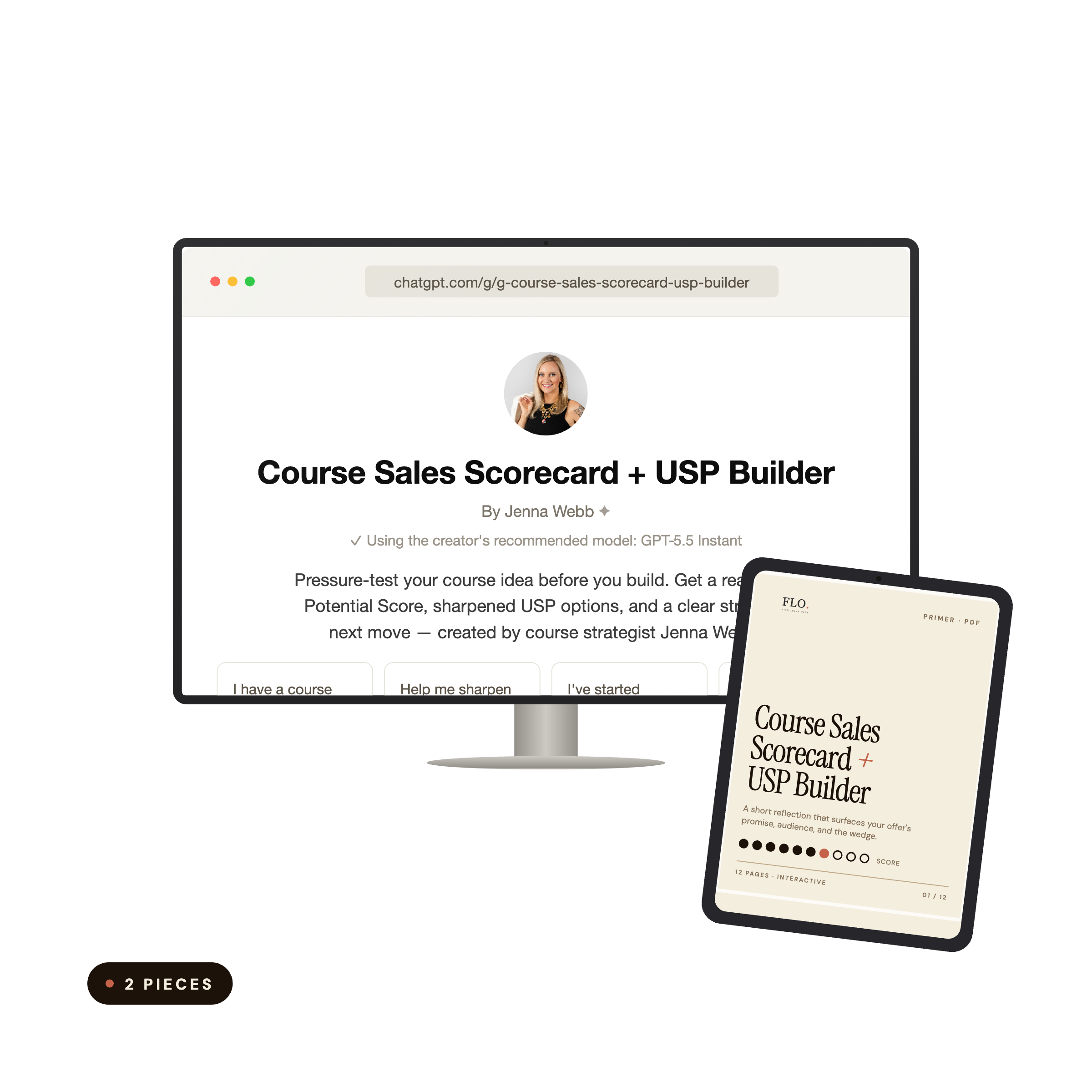 Course Sales Scorecard + USP Builder by Jenna Webb — PDF workbook and Validation GPT for course idea validation.